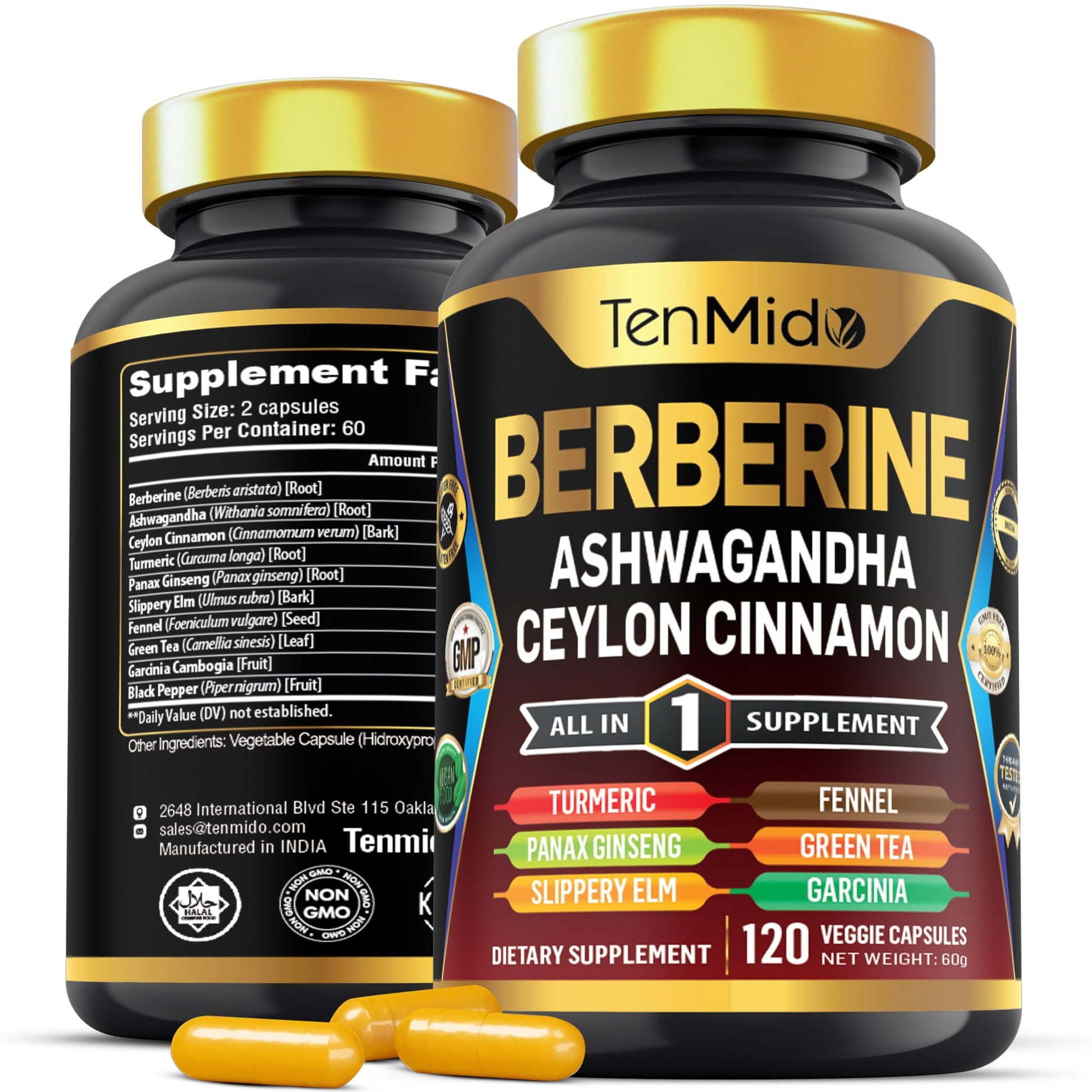 Tenmido Berberine Supplement Capsule, 120 Count