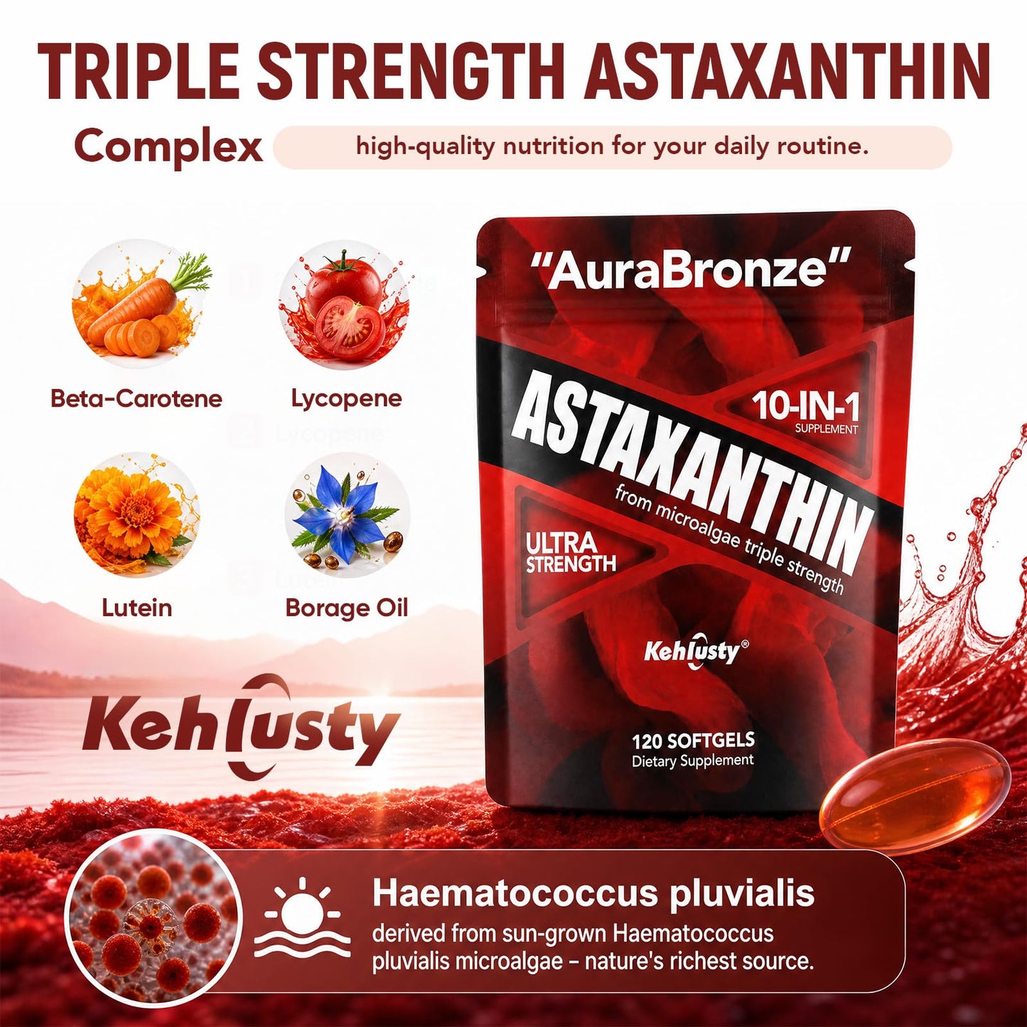 KEHLUSTY Astaxanthin 12mg 10-in-1 Ultra Strength Softgels, 120 Count