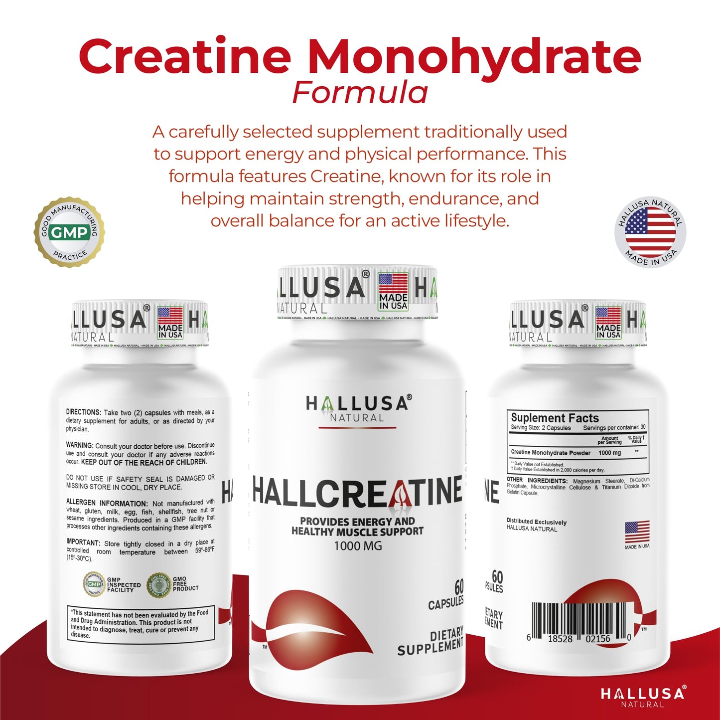 Hallusa Natural Creatine Monohydrate Capsules, 60 Capsules