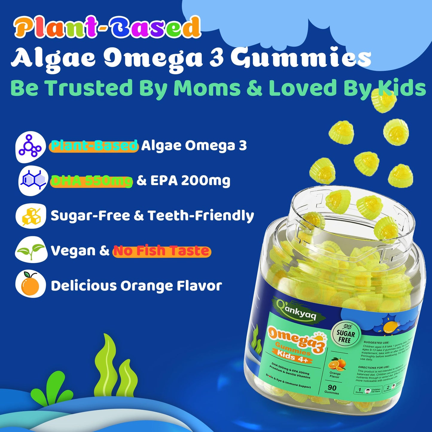 Q'ankyaq Kids Omega 3 Gummies, Vegan Algae Oil Omega-3 with DHA, Zinc & Multivitamins, Focus Support, No Fishy Taste, Sugar Free, 90 Gummies