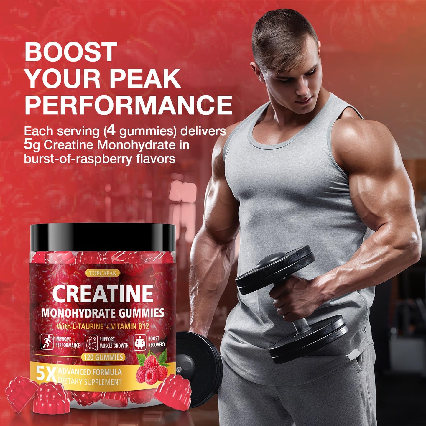 TOPCAPAK Creatine Gummies for Men & Women, Chewable Creatine Gummy with Taurine & Vitamin B12, 5g Creatine Monohydrate per Serving, 120 Gummies
