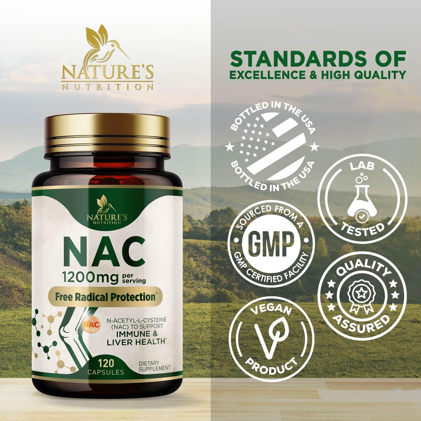 Nature's Nutrition NAC Supplement N-Acetyl-L-Cysteine 1200mg Per Serving Capsules, 120 Count