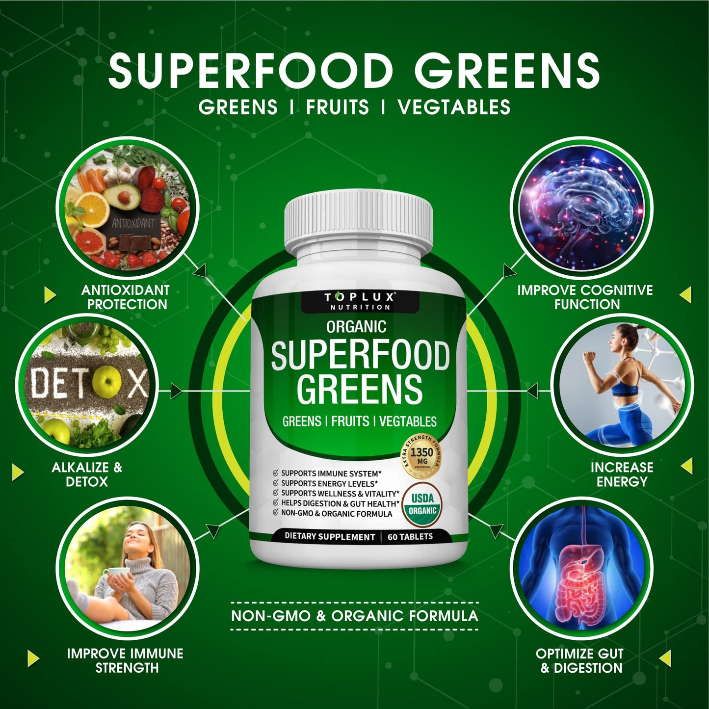Toplux Organic Super Greens Tablet, 60 Tablets