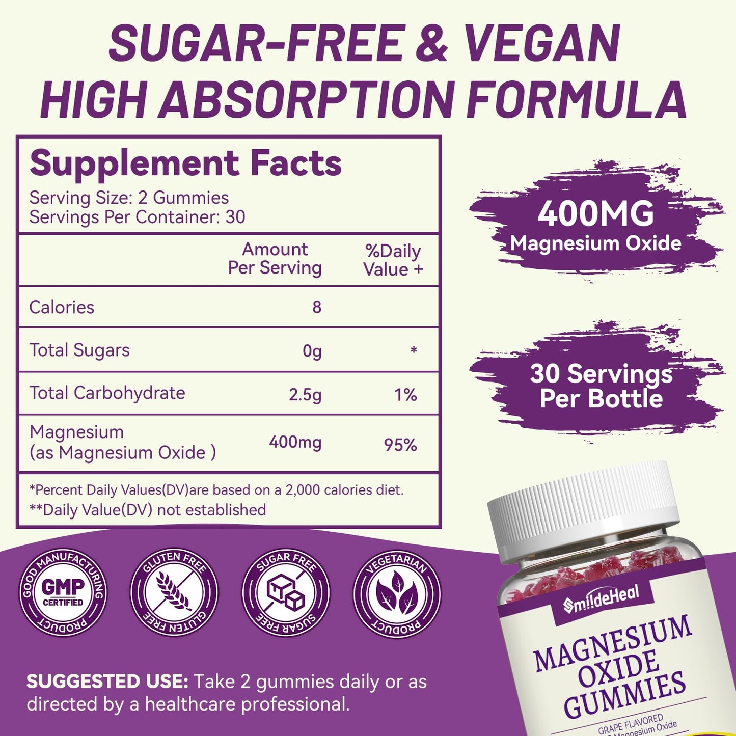 SmildeHeal Magnesium Oxide Gummies 400mg Gummy 60 Count