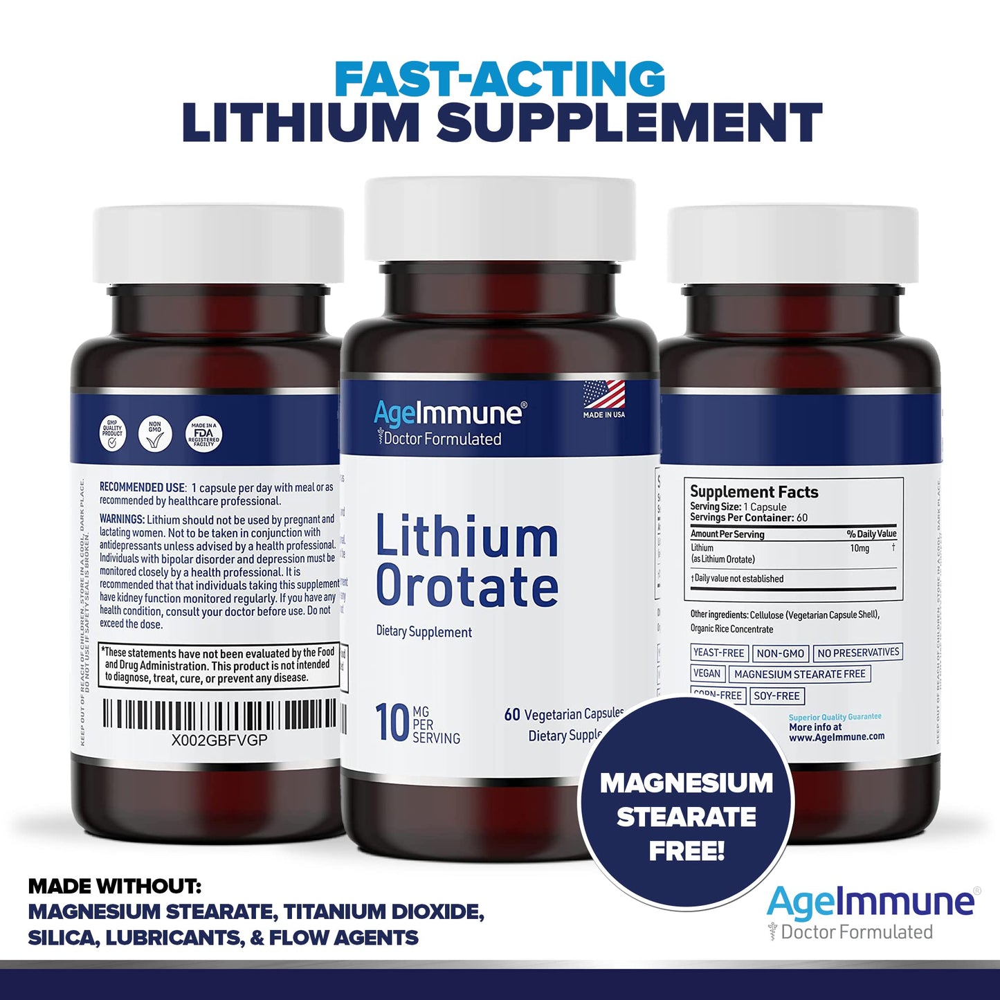 AgeImmune Lithium Orotate 10mg Capsule, 120 Count