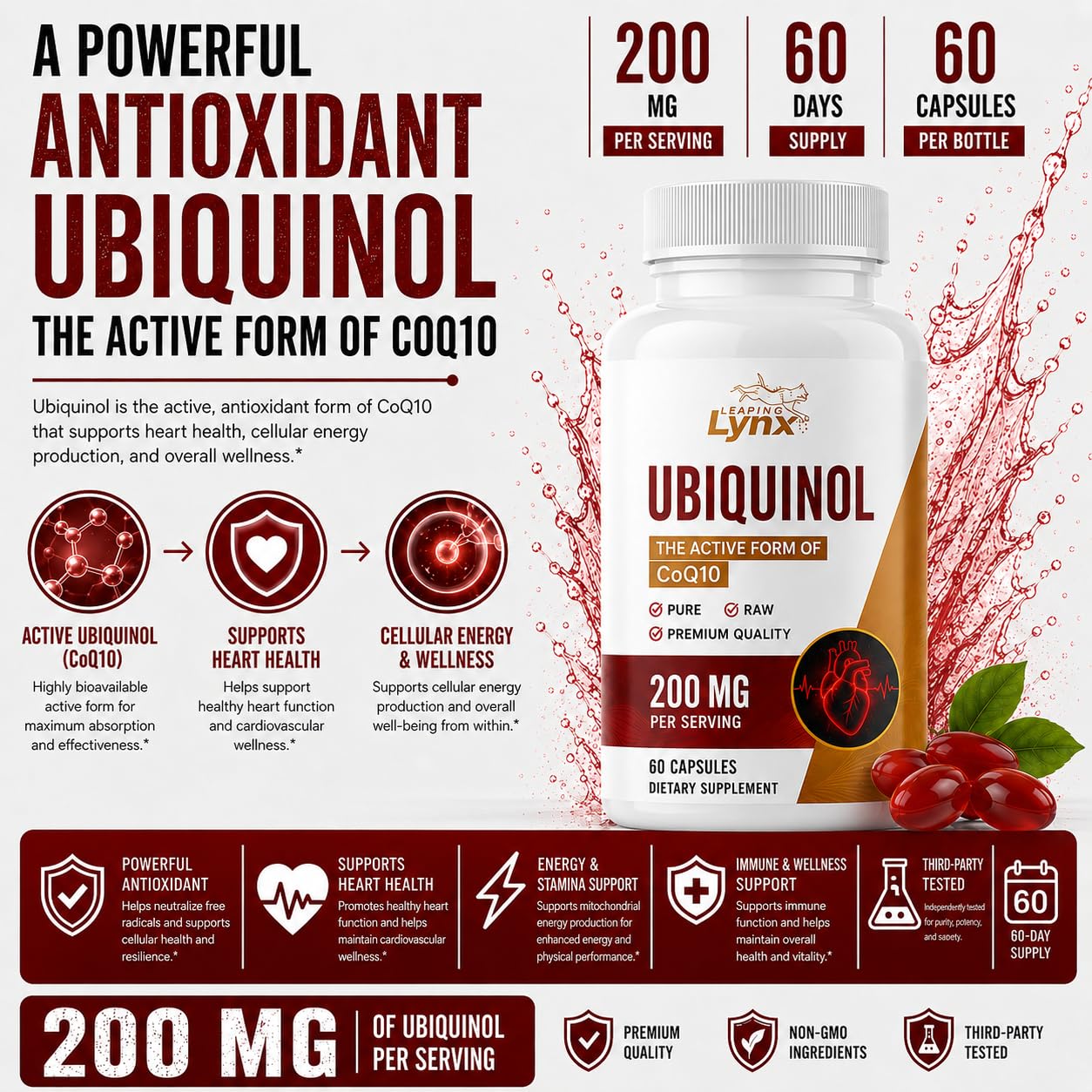 Leaping Lynx Ubiquinol CoQ10 200mg High Absorption Active Coenzyme Q10 Supplement Capsule, 60 Capsules