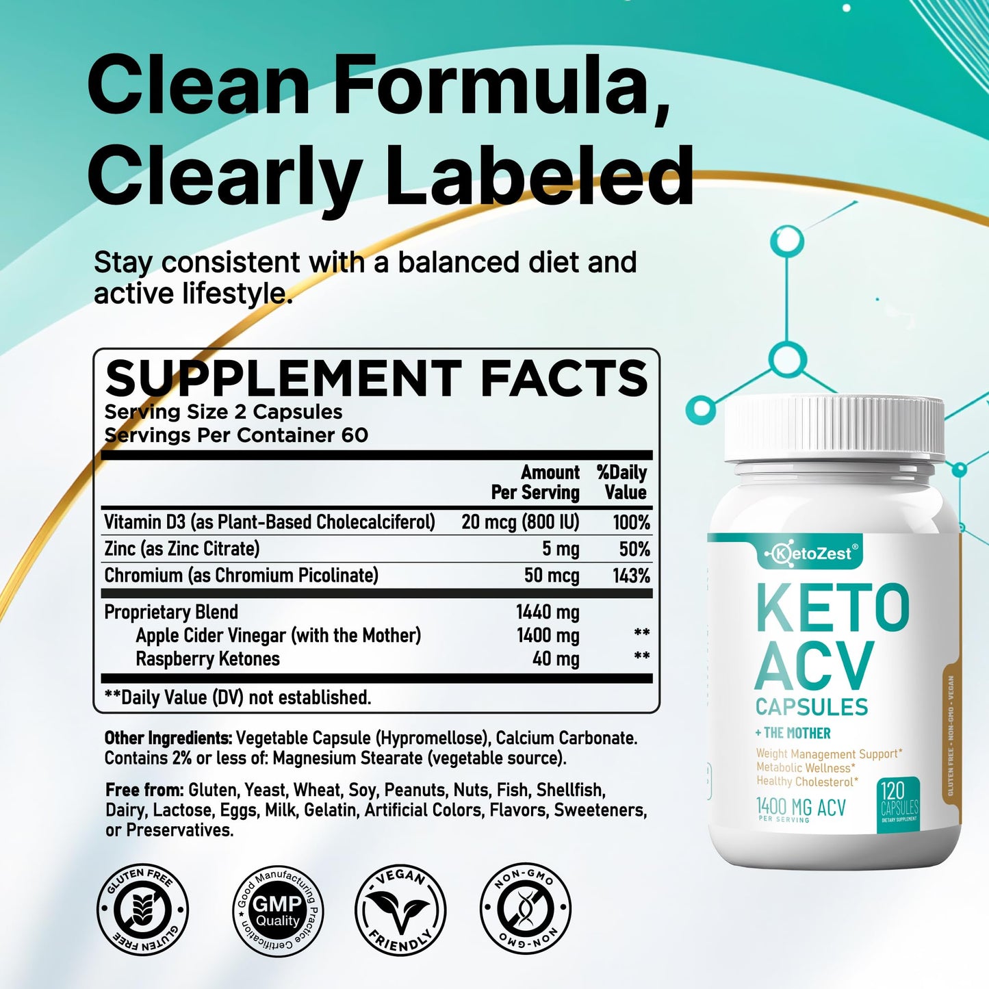 KetoZest Apple Cider Vinegar Keto Capsules, 120 Capsules