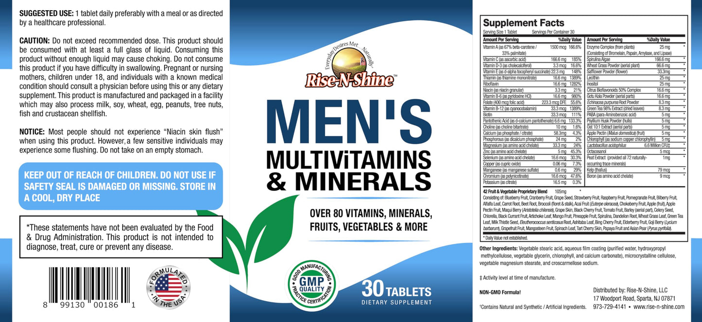 Rise-N-Shine Men's Multivitamins and Minerals with Zinc, Selenium, Calcium, Magnesium & More for Immune System Support Tablets 30 Count