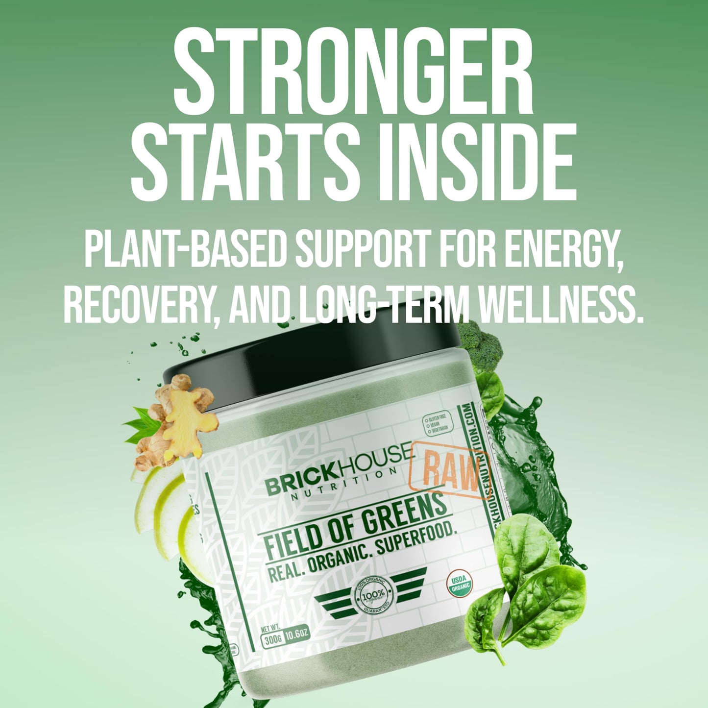 Brickhouse Nutrition Field of Greens Super Greens Powder, Doctor-Formulated Superfood Powder, Fruits & Veggies Supplement - Raw, 10.9 Ounce