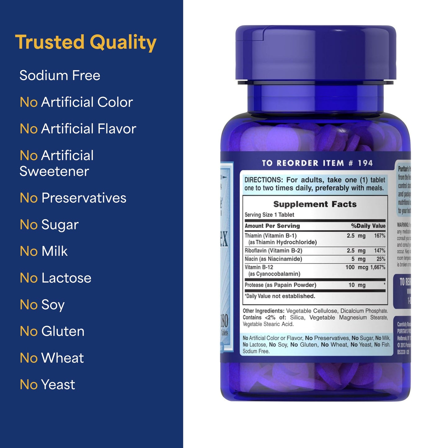 Puritan's Pride Premium Vitamin B-Complex and Vitamin B-12, 180 Tablets