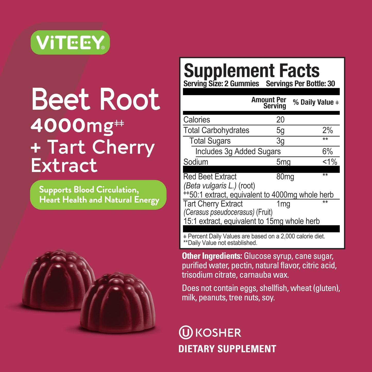 Viteey Beet Root Gummies 4000mg from 80mg of 50:1 Extract with Tart Cherry, Vegan, Gelatin Free, Gluten Free, 120 Gummies