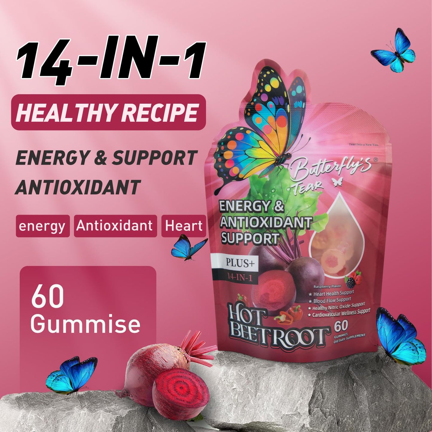BUTTERFLY'S TEAR Beet Root Gummies 60 Count