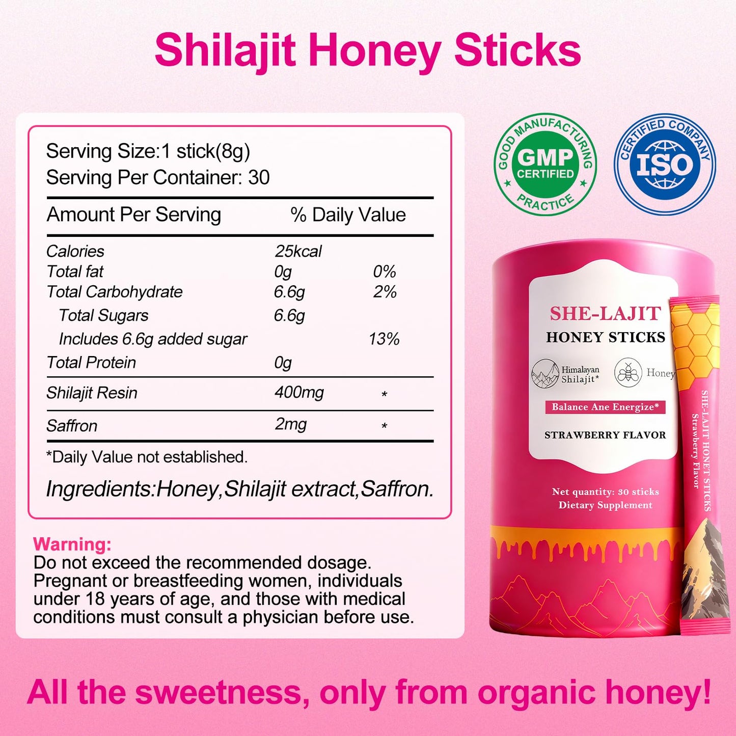 Glabrskise Shilajit Honey Sticks for Women with Shatavari & Saffron, 75%+ Fulvic Acid, 85+ Trace Minerals Gummies, 30 Count