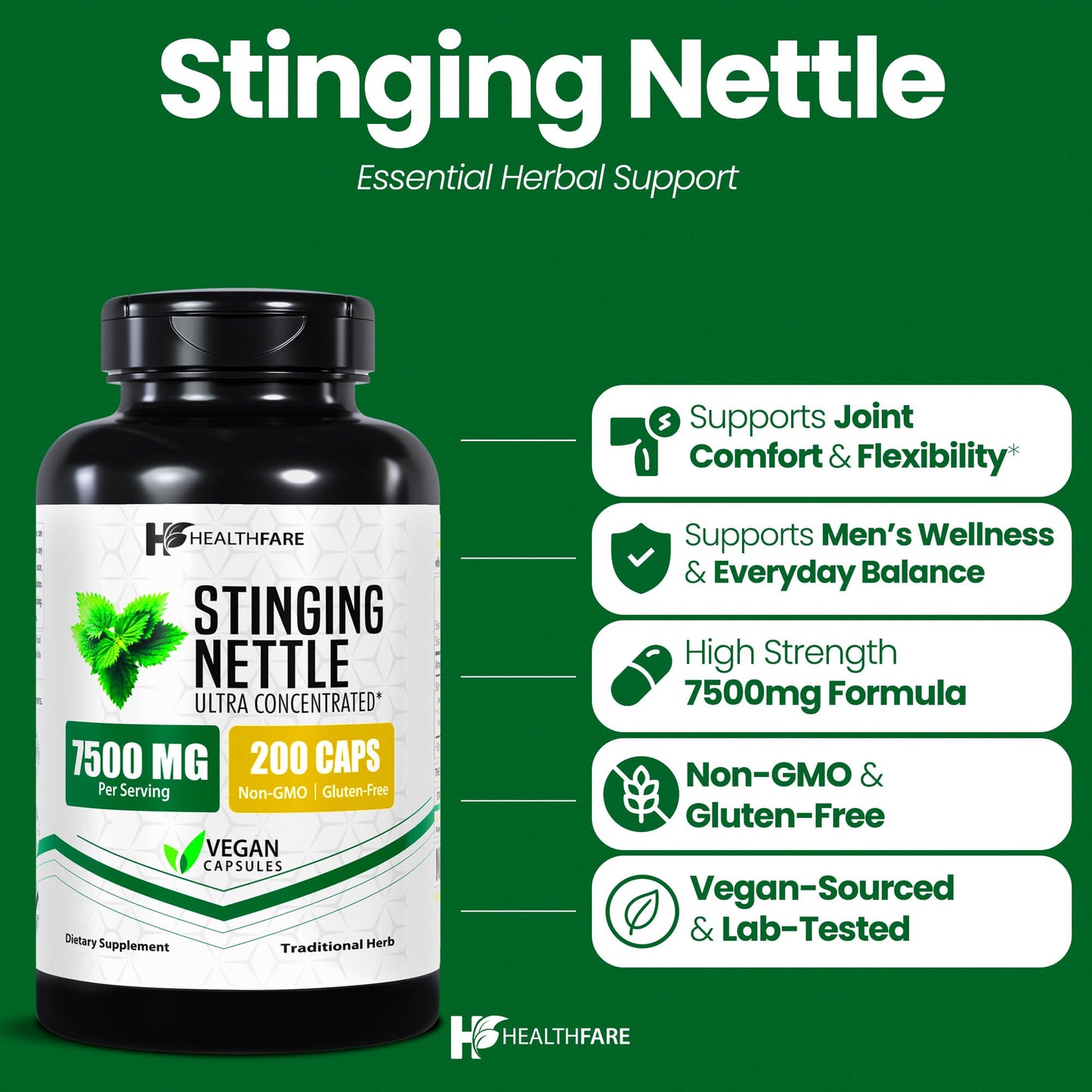 Healthfare Stinging Nettle Root Extract Capsules 200 Count