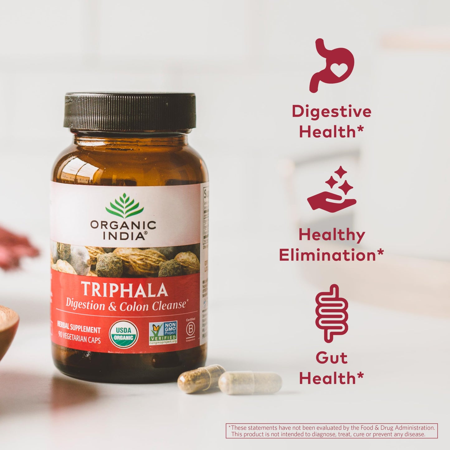 ORGANIC INDIA Triphala Capsules Organic - Herbal Supplement with Amla, Bibhitaki, Haritaki, Digestion & Colon Support, Immune System Support, Adaptogen, Vegan, USDA Certified Organic, 180 Capsules