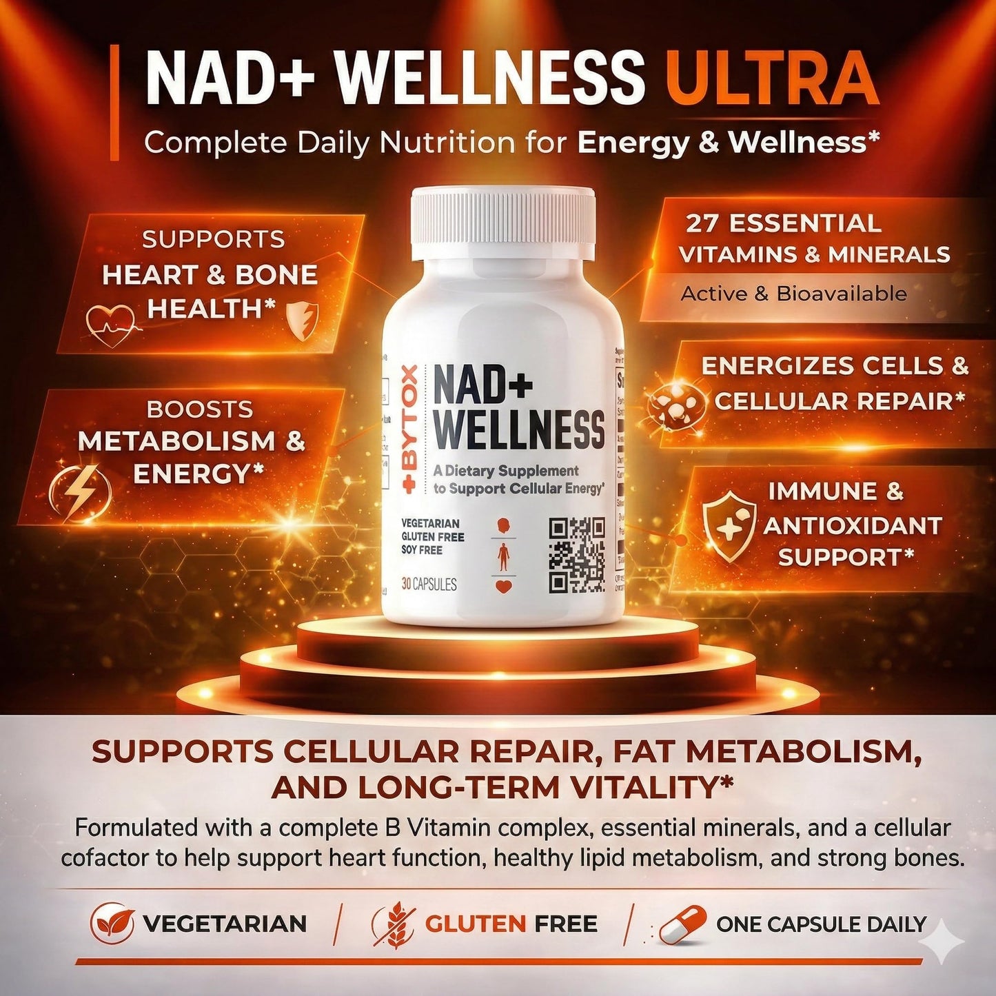 Bytox NAD+ Boosting Supplement with 27 Essential Vitamins & Minerals, 30 Capsules