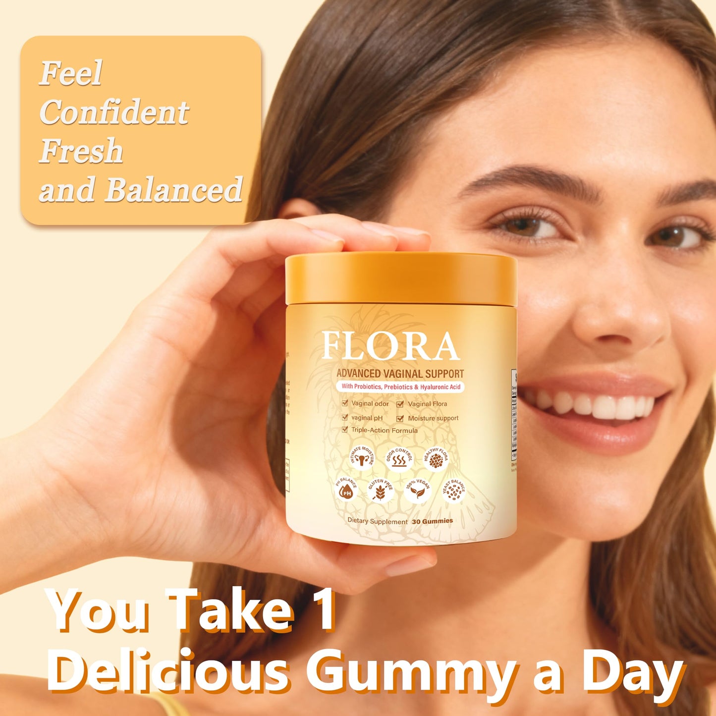 RTQSU Flora Plus Probiotic Gummy for Women, Vaginal Support Probiotics, Pineapple, 1 Count