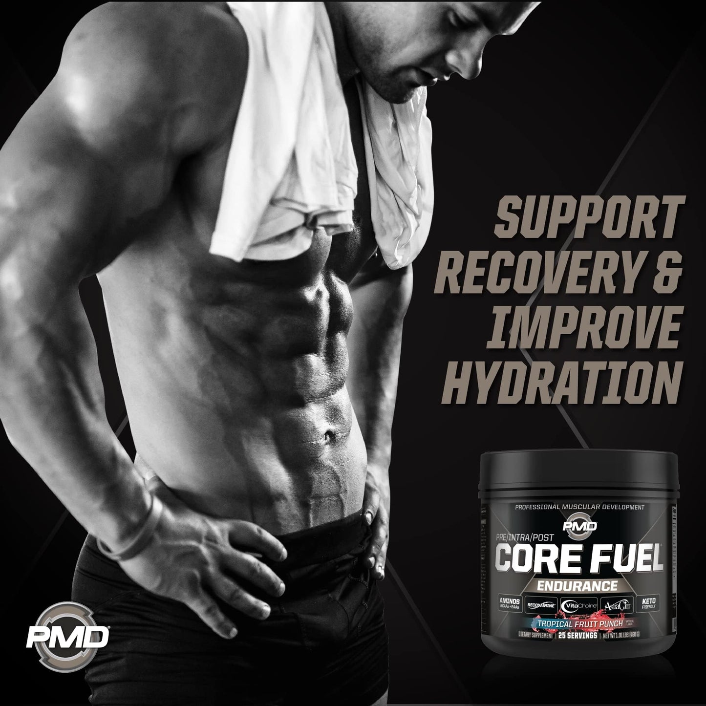 PMD Sports Core Fuel Endurance, Performance & Recovery - BCAAs, EAAs, Beta Alanine, Betaine Anhydrous, Glutamine, Electrolytes - Stim Free Tropical Fruit Punch Powder, 29.6 oz