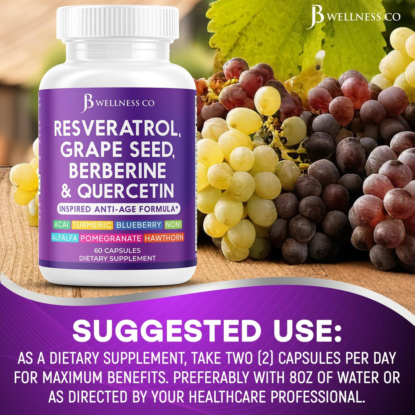 JB Wellness Co Resveratrol Grape Seed Extract Berberine Quercetin Polyphenol Supplement with Noni, N-Acetyl Cysteine, Acai Extract Capsules 60