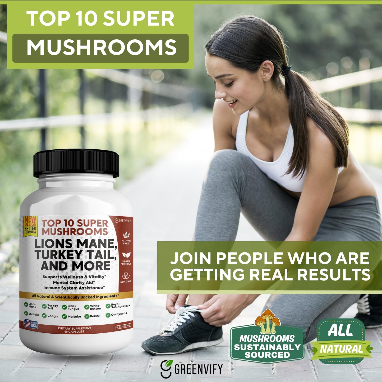 GREENVIFY Lions Mane 10 Super Mushrooms Supplement - Lions Mane, Reishi, Cordyceps, Shiitake Extracts, 120 Capsules