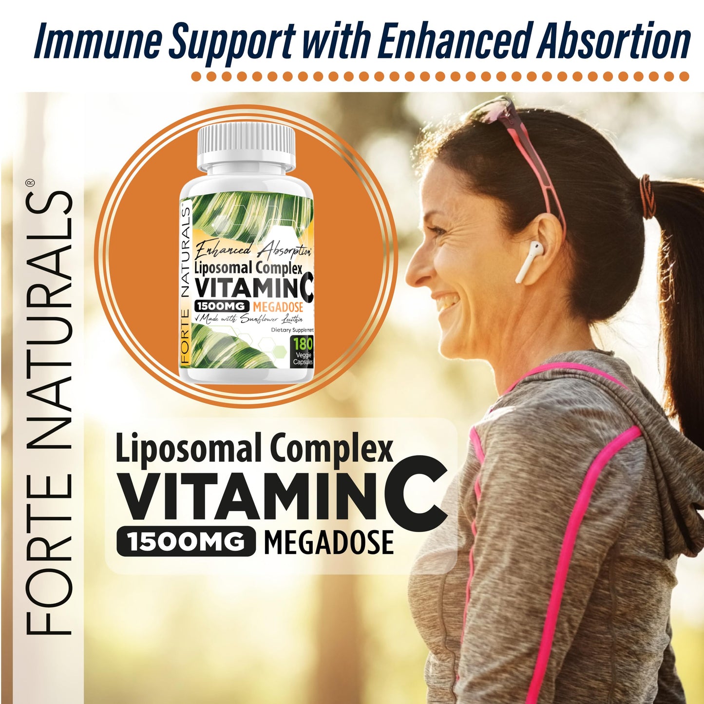 FORTE NATURALS High Dose Vitamin C 1500mg Liposomal C Complex with Sunflower Lecithin, 180 Capsules