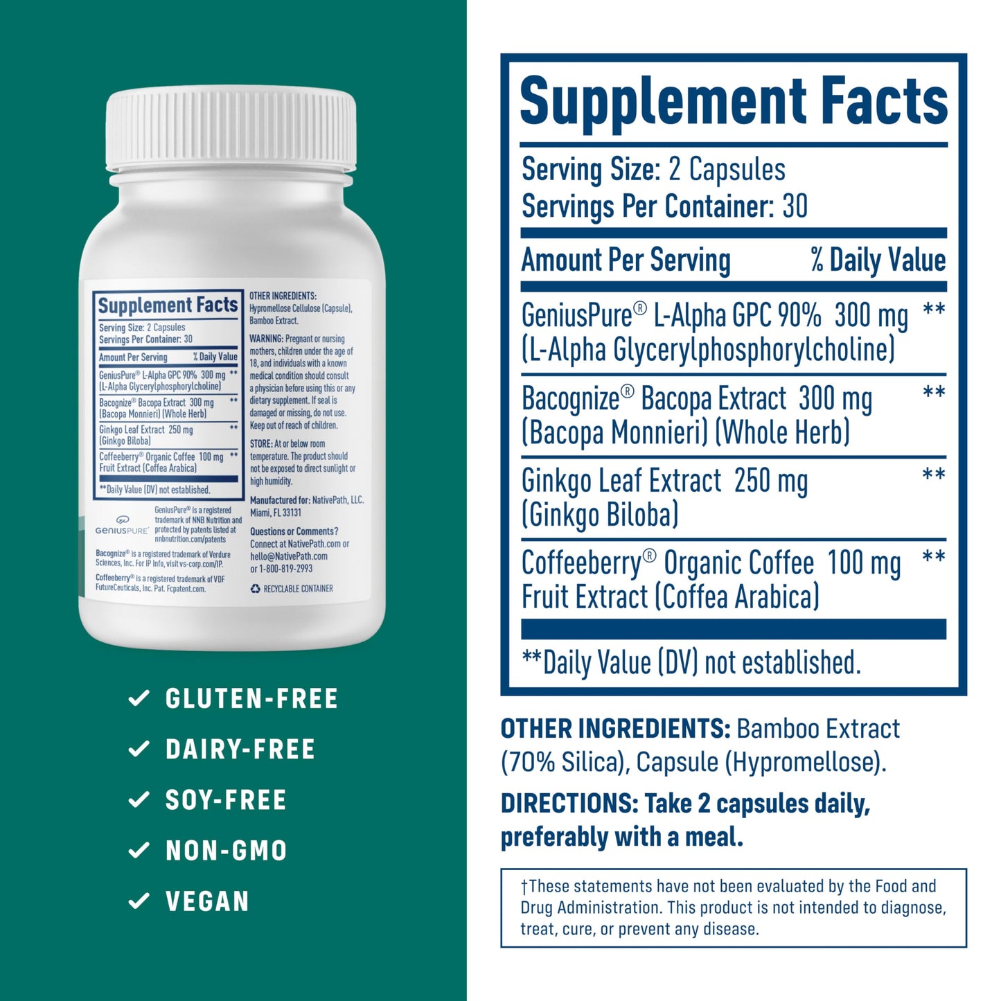 NativePath Brain Health Nootropic, Bacopa & Alpha GPC Softgels 60