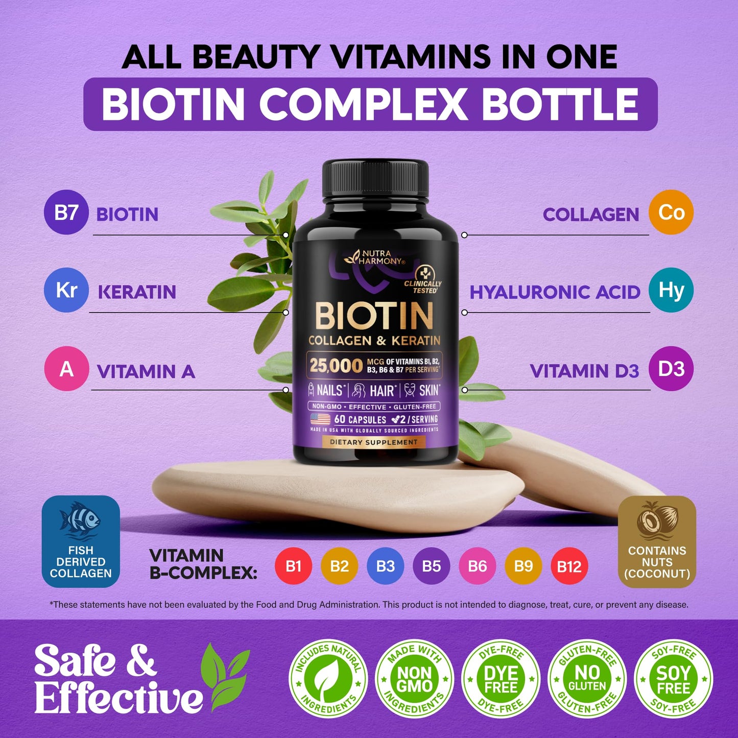 NUTRAHARMONY Biotin Collagen Hyaluronic Acid Keratin Capsules, 60 Count