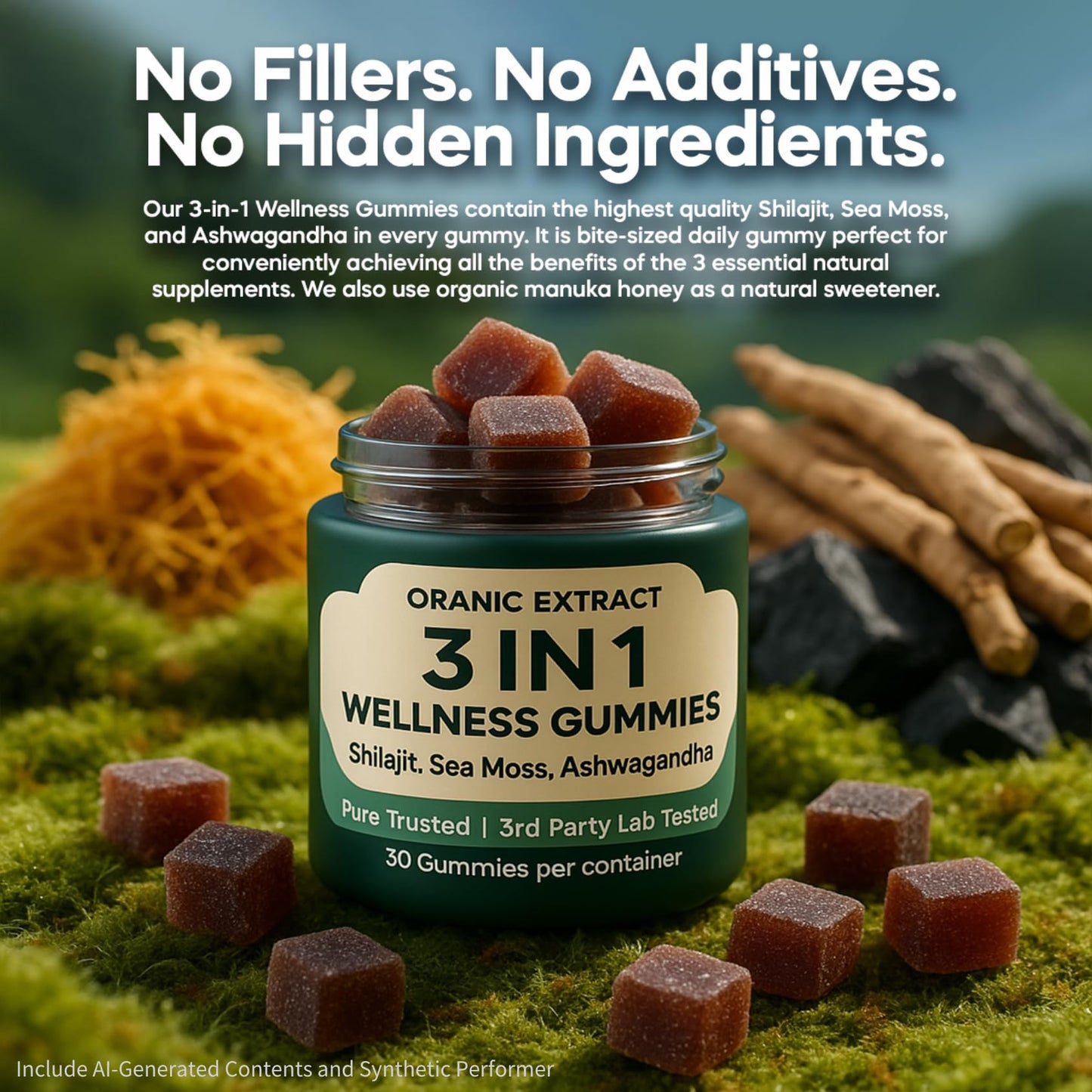 ORANIC EXTRACT 3IN1 Shilajit Wellness Gummies, Ashwagandha, Sea Moss, Energy & Immune Support, 30 Gummies
