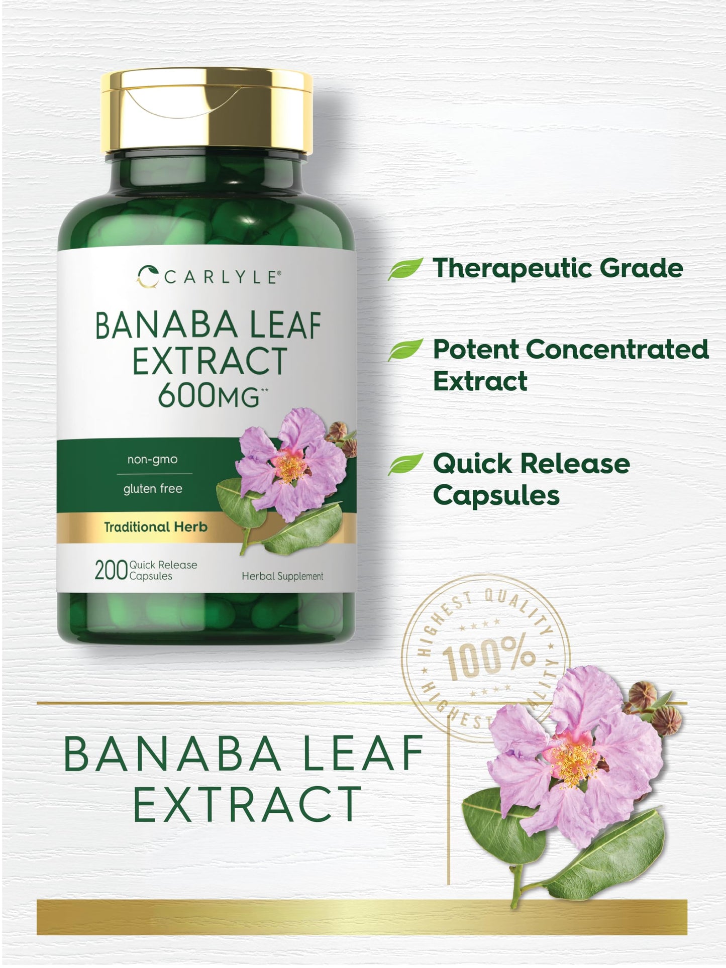 Carlyle Banaba Leaf Extract Capsules, Non-GMO, Gluten Free, 200 Capsules