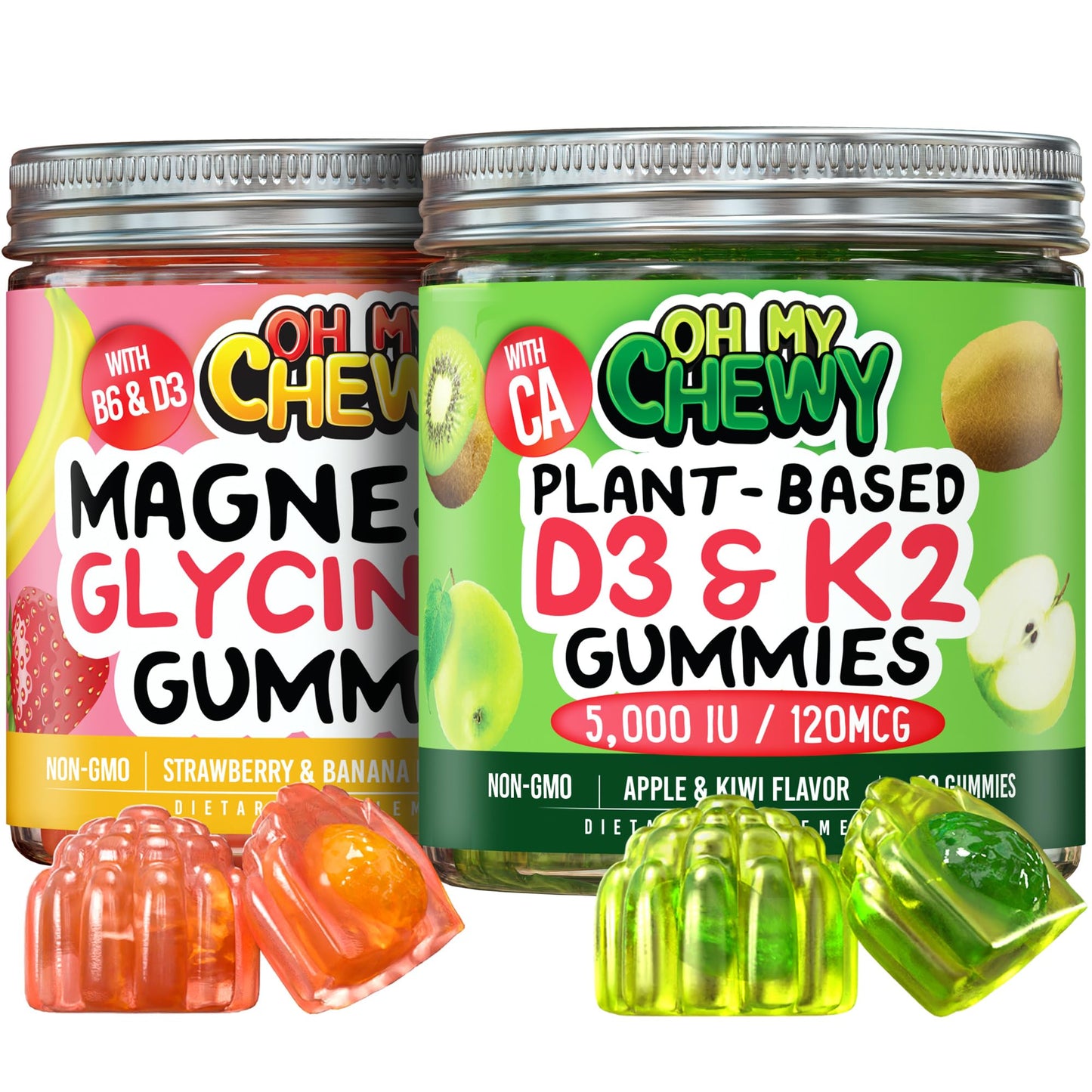 OH MY CHEWY Magnesium + D3K2 Gummies Bundle – 2 Bottles (60 Each) – Strawberry Banana & Apple Kiwi, 120 Gummies