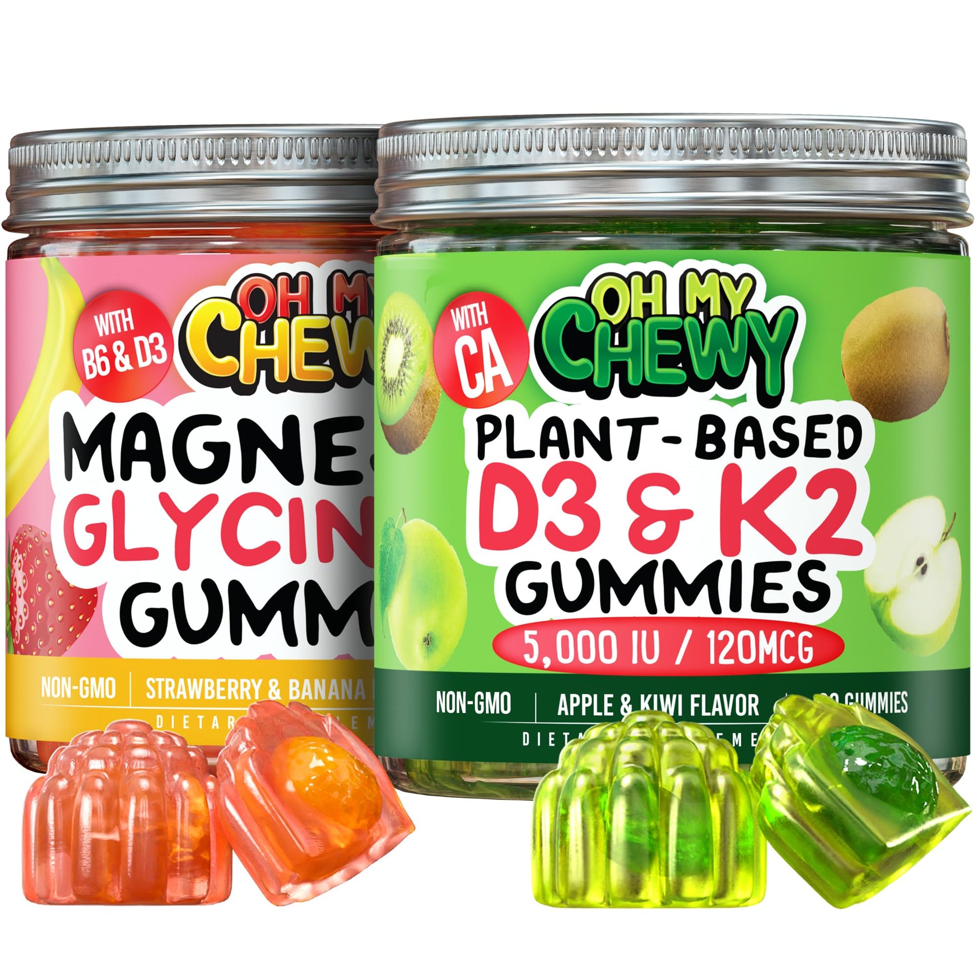 OH MY CHEWY Magnesium + D3K2 Gummies Bundle – 2 Bottles (60 Each) – Strawberry Banana & Apple Kiwi, 120 Gummies