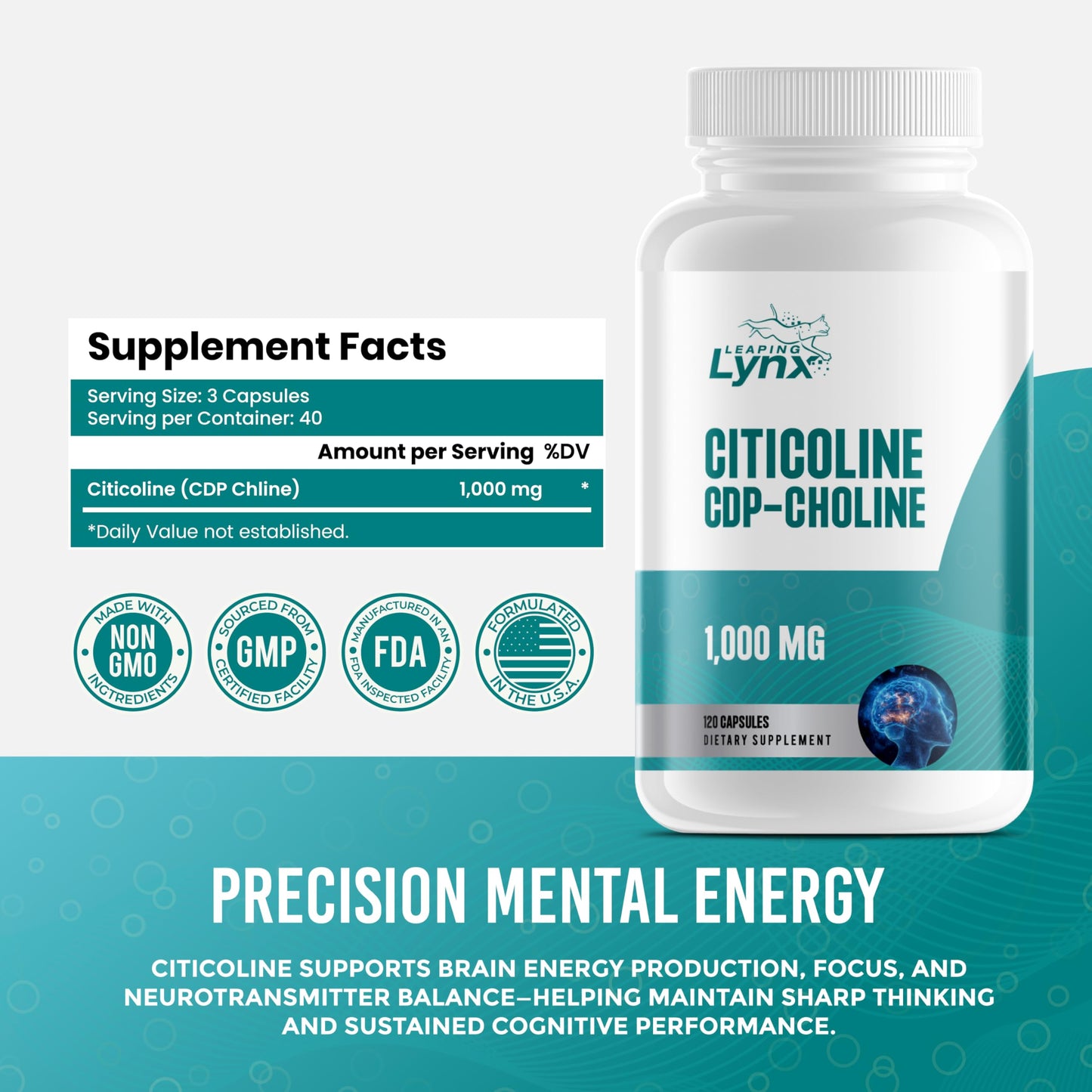 Leaping Lynx Citicoline 1000 mg (CDP Choline) Capsules, 120 Count