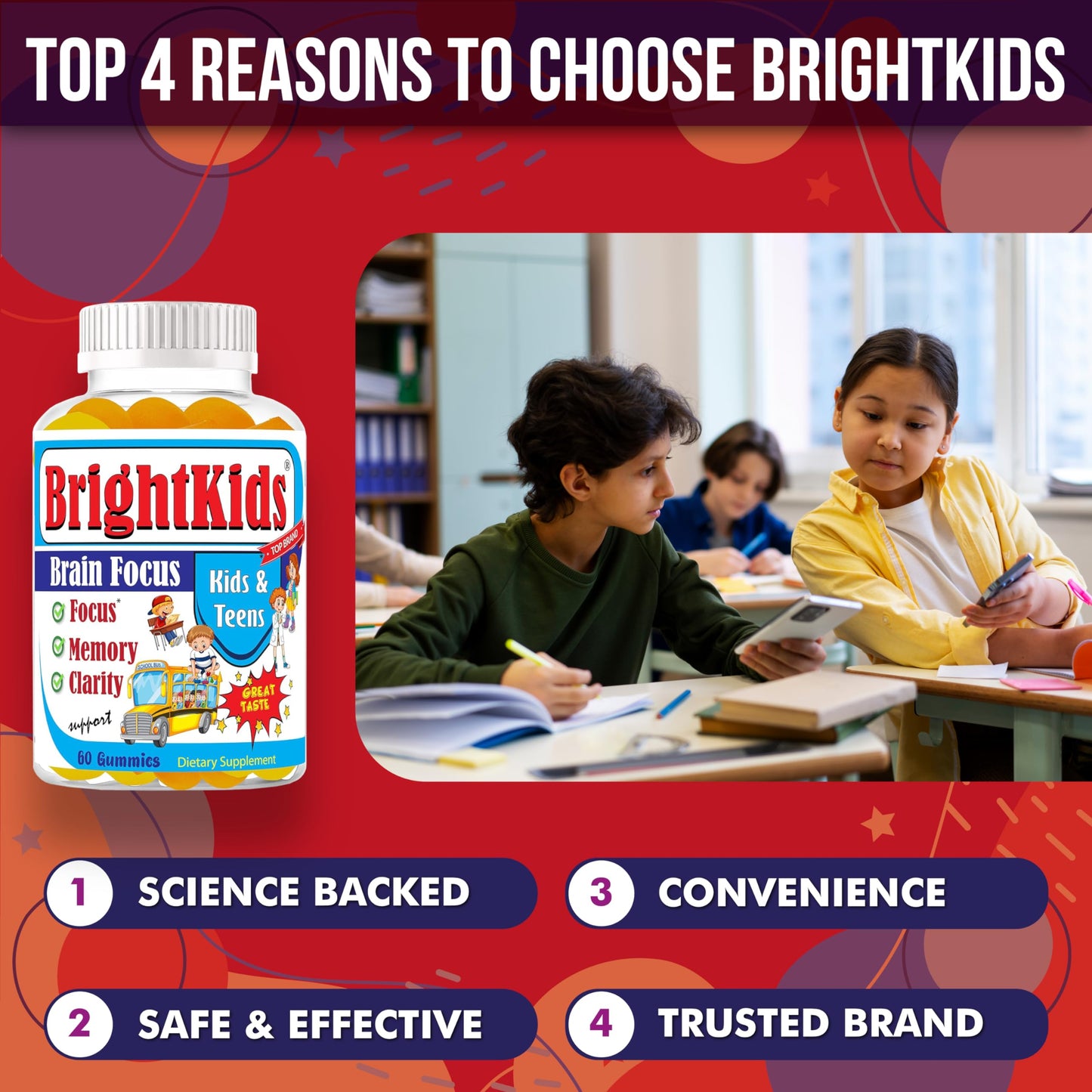 BrightKids Focus Gummies for Kids & Teens 60 Count