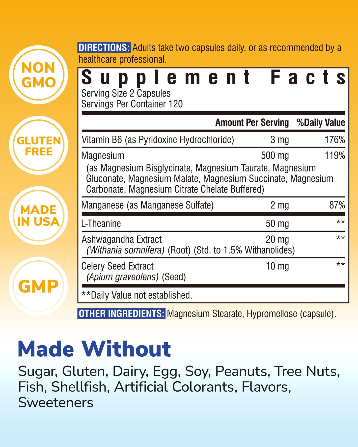 Vitalibre Magnesium Complex Supplement 500mg + Ashwagandha, L-Theanine, Vitamin B6 & Celery, High Absorption Magnesium Glycinate, Citrate, Malate, Sleep & Bone Support, 240 Capsules