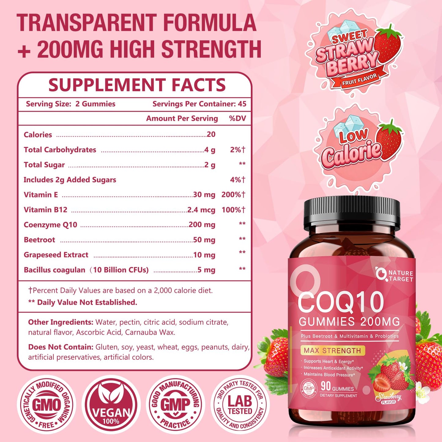 Nature Target CoQ10 Gummies 200mg, Natural Strawberry Flavor, 90 Gummies