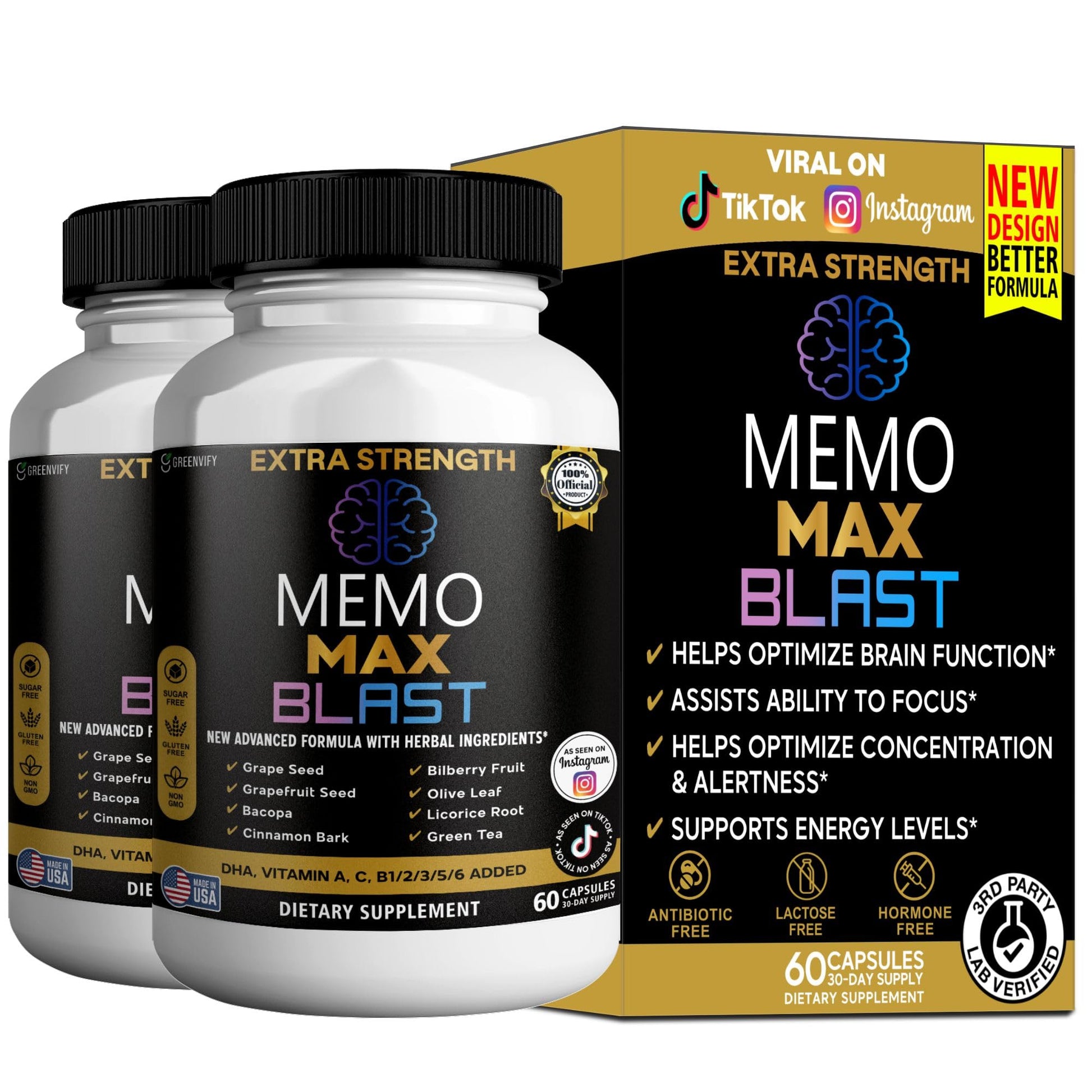 GREENVIFY Memo Max Blast Extra Strength Brain Supplement Capsule, 60 Capsules