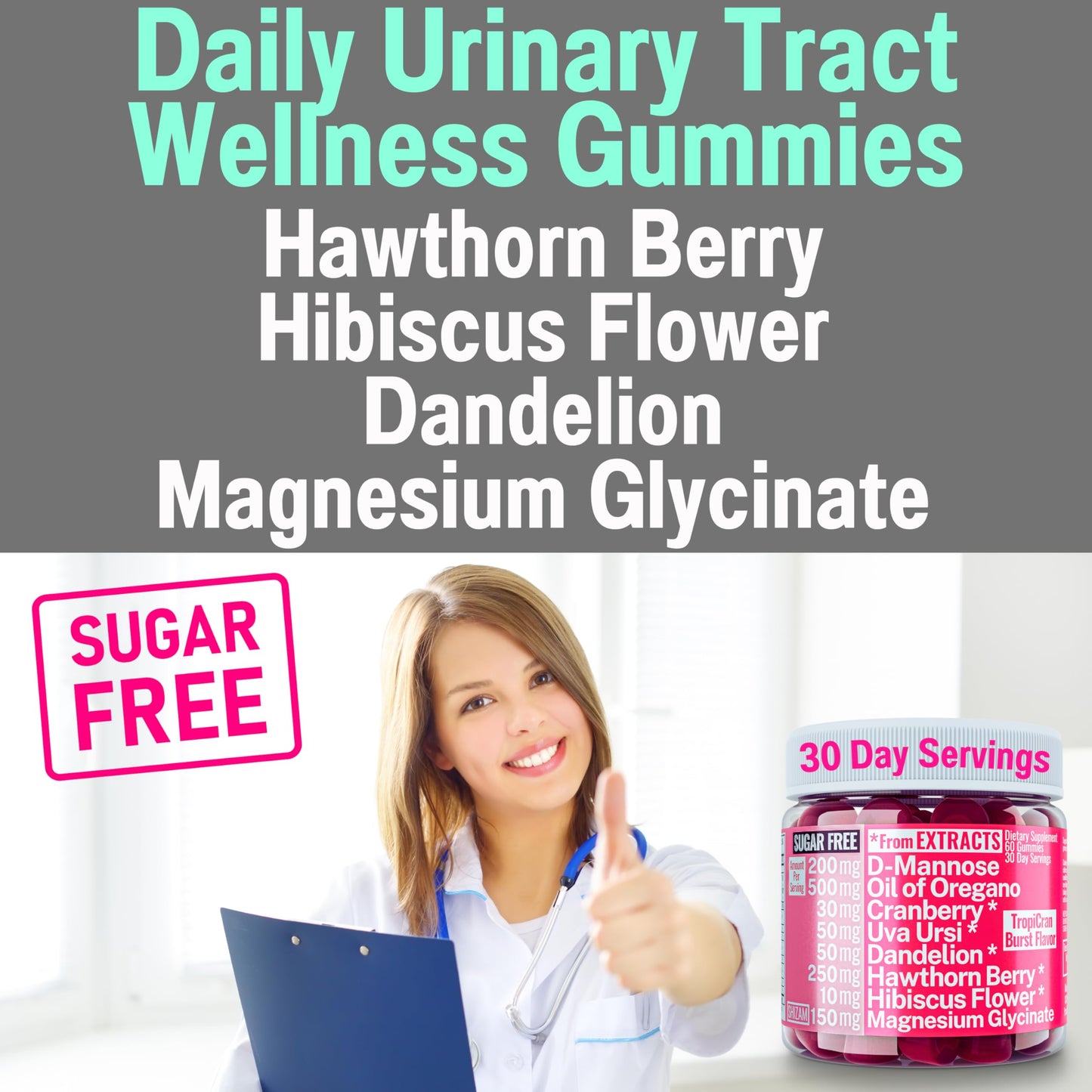 SHIZAM Oil of Oregano D-Mannose Dandelion Root Hawthorn Berry Extract Uva Ursi with Hibiscus Cranberry Magnesium Glycinate for Women, 60 Gummies