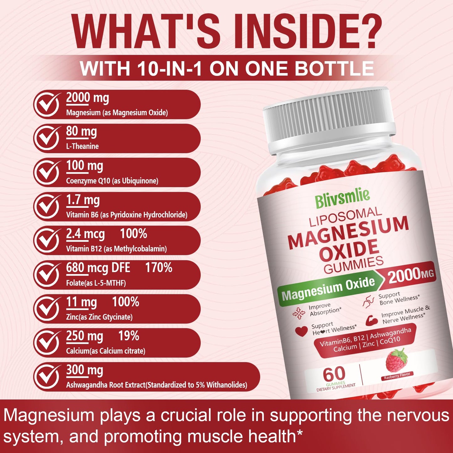 Blivsmlie Liposomal Magnesium Oxide Gummies 2000mg Complex Ashwagandha, CoQ10, L-Theanine, L-5-MTHF, Methyl B12, Zinc 120 Gummies