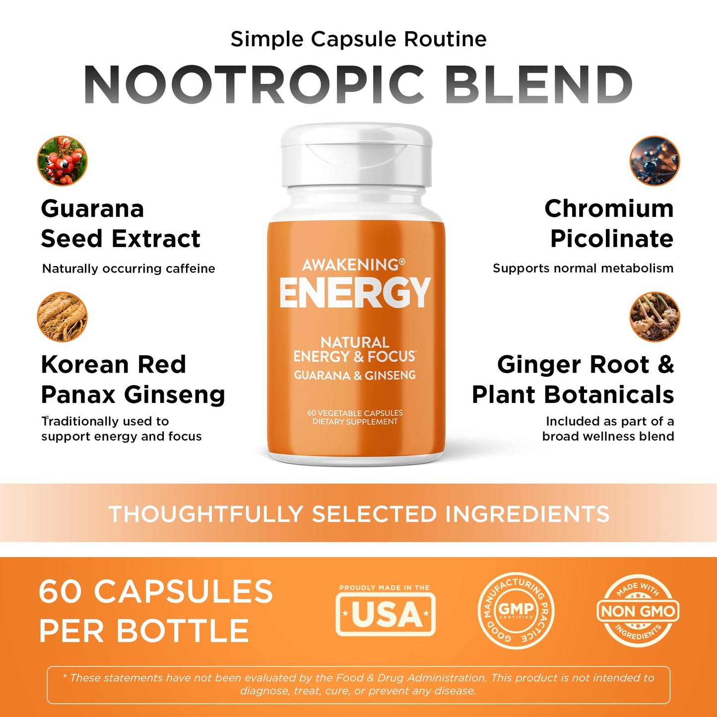 Oxygen Nutrition Awakening Natural Energy & Focus Supplement with Panax Ginseng, Guarana Extract & Chromium Picolinate Capsule, 60 Count