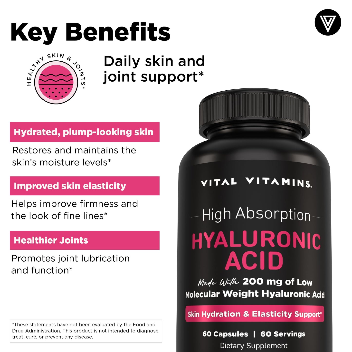 Vital Vitamins Hyaluronic Acid Supplements 60-Count Capsules