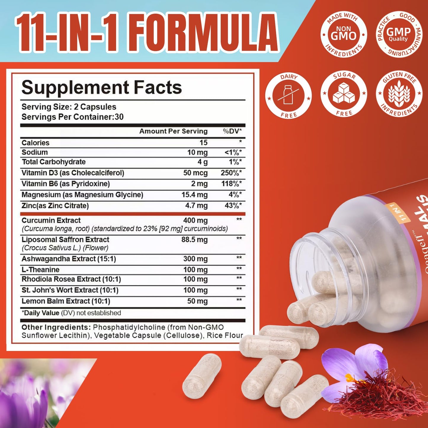Oeaqeff Liposomal Saffron Supplements 11-in-1, 100% Pure Saffron Extract 88.5 mg Maximum Absorption for Mood, Energy & Vision, Vegan, Non-GMO, 60 Capsules