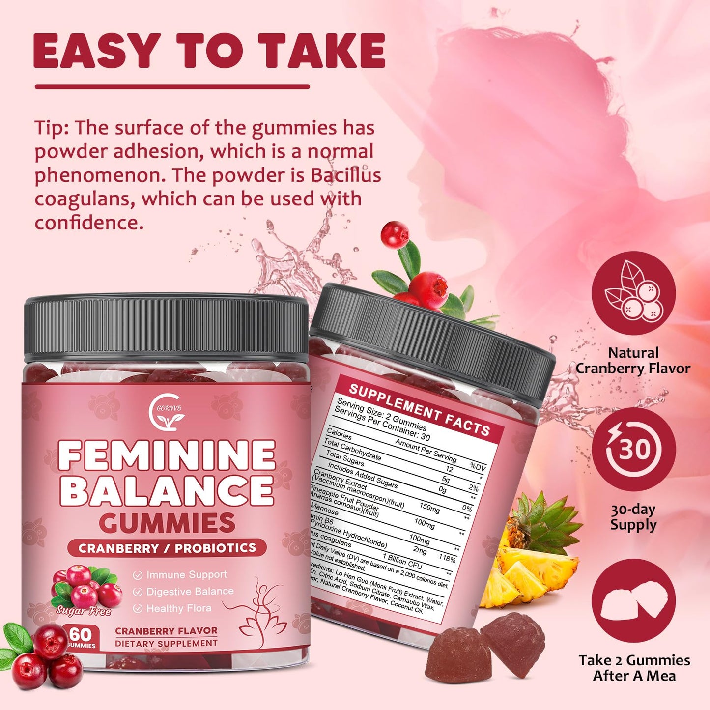 GORNVB Feminine Balance Gummies for Women, 60 Count