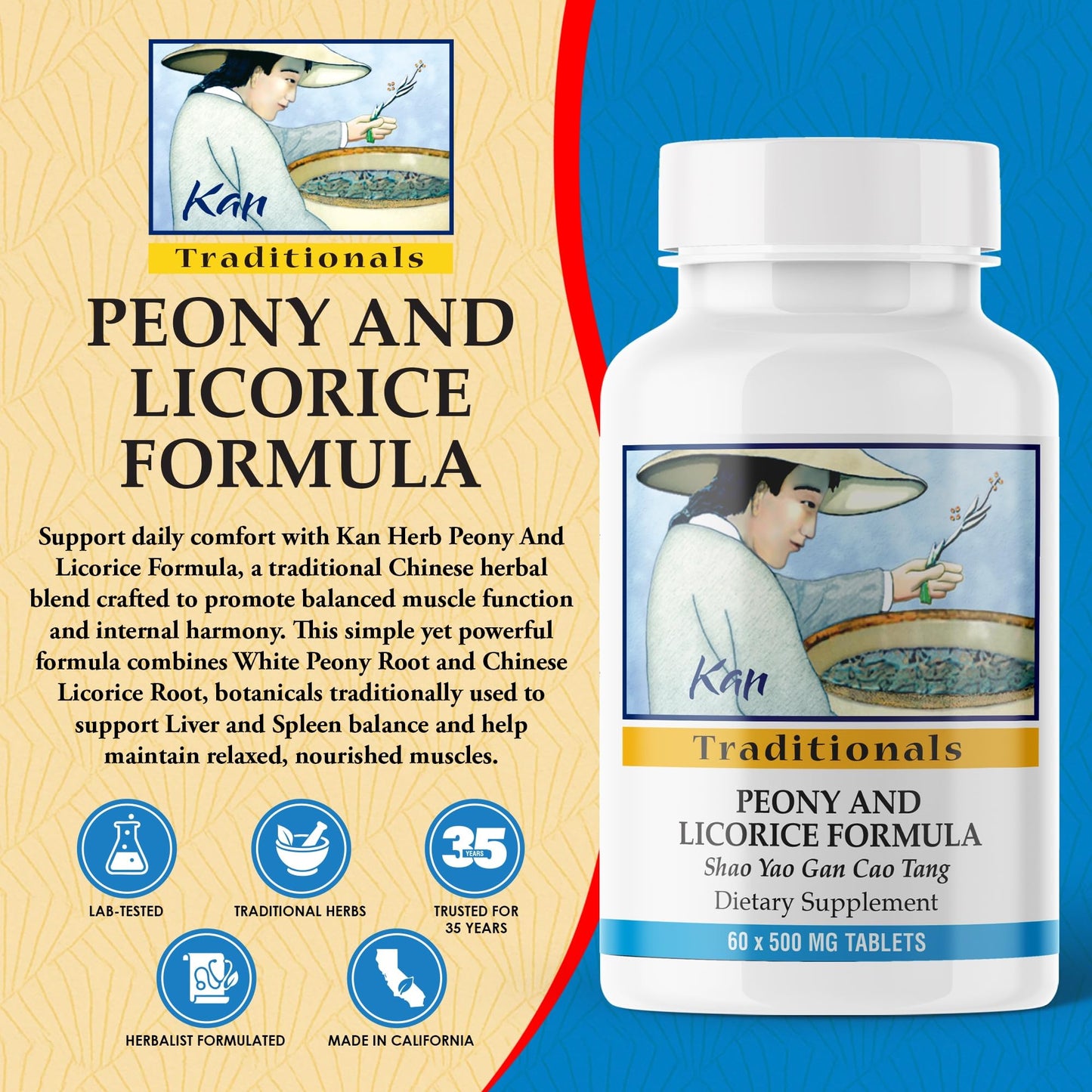 Kan Herb Peony & Licorice Formula Tablets Traditional Chinese Herbal Blend with White Peony Root & Chinese Licorice to Support Liver Balance, Muscle Comfort & Digestive Harmony, 60 Tablets