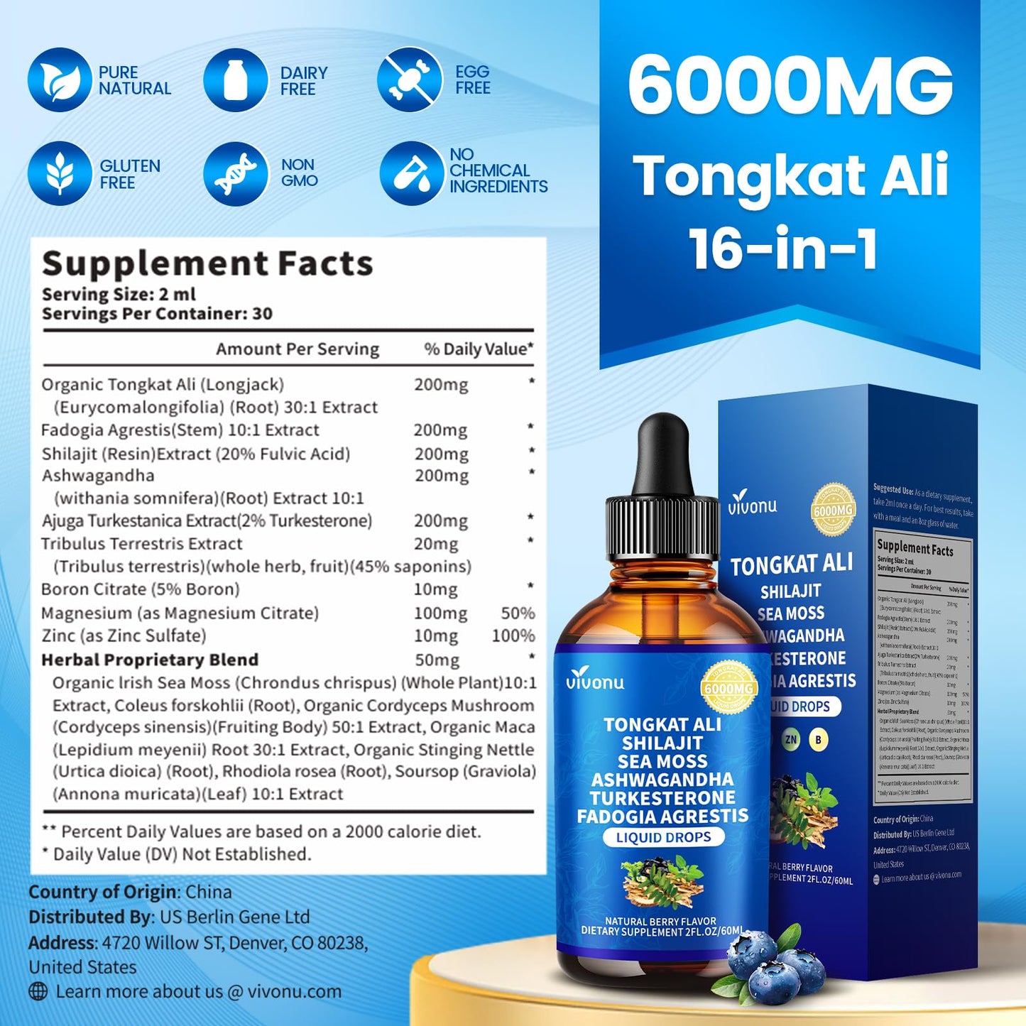 VivoNu Tongkat Ali Liquid Drops with Shilajit Softgel 1 Count
