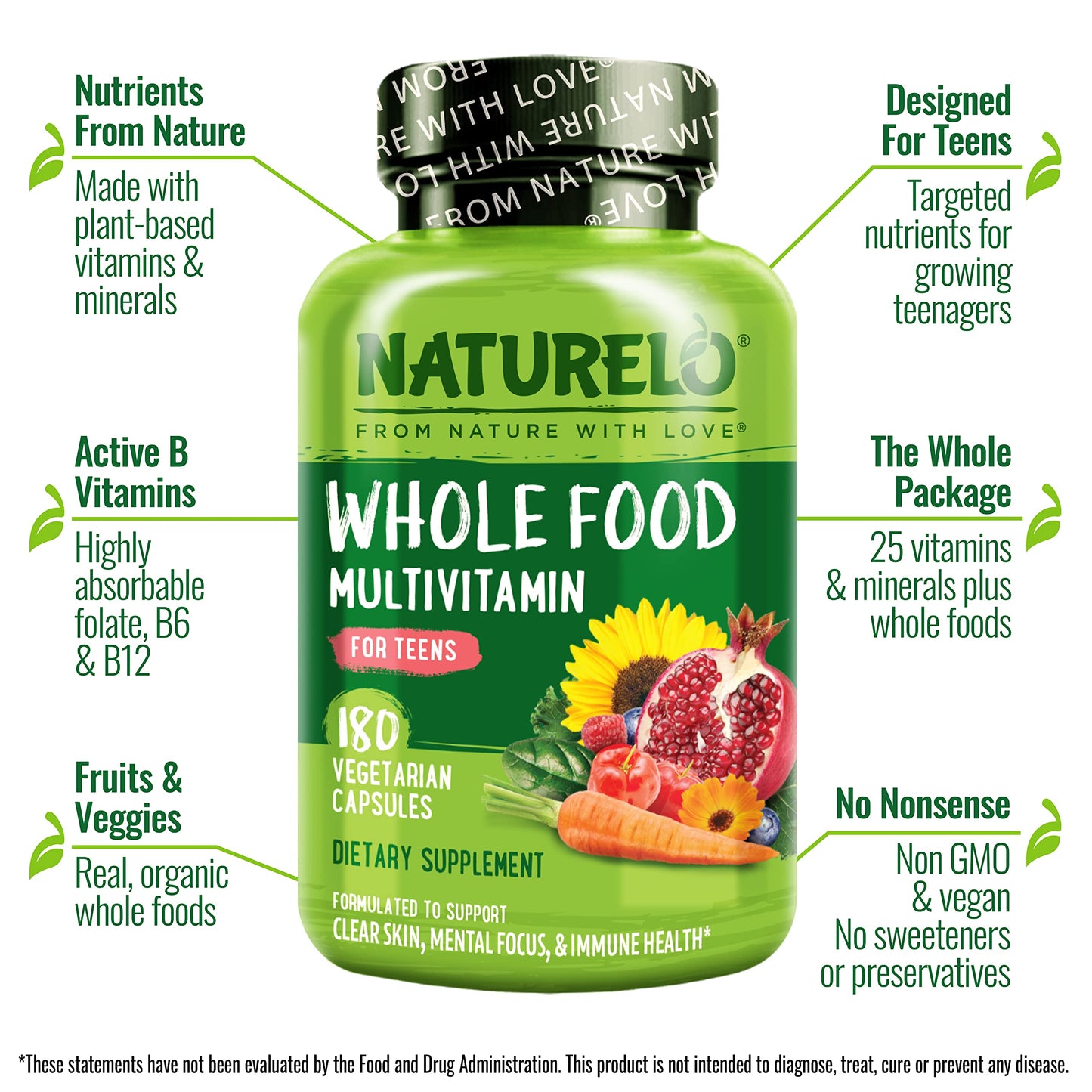 NATURELO Multivitamins for Teenage Girls/Boys, 180 Capsules