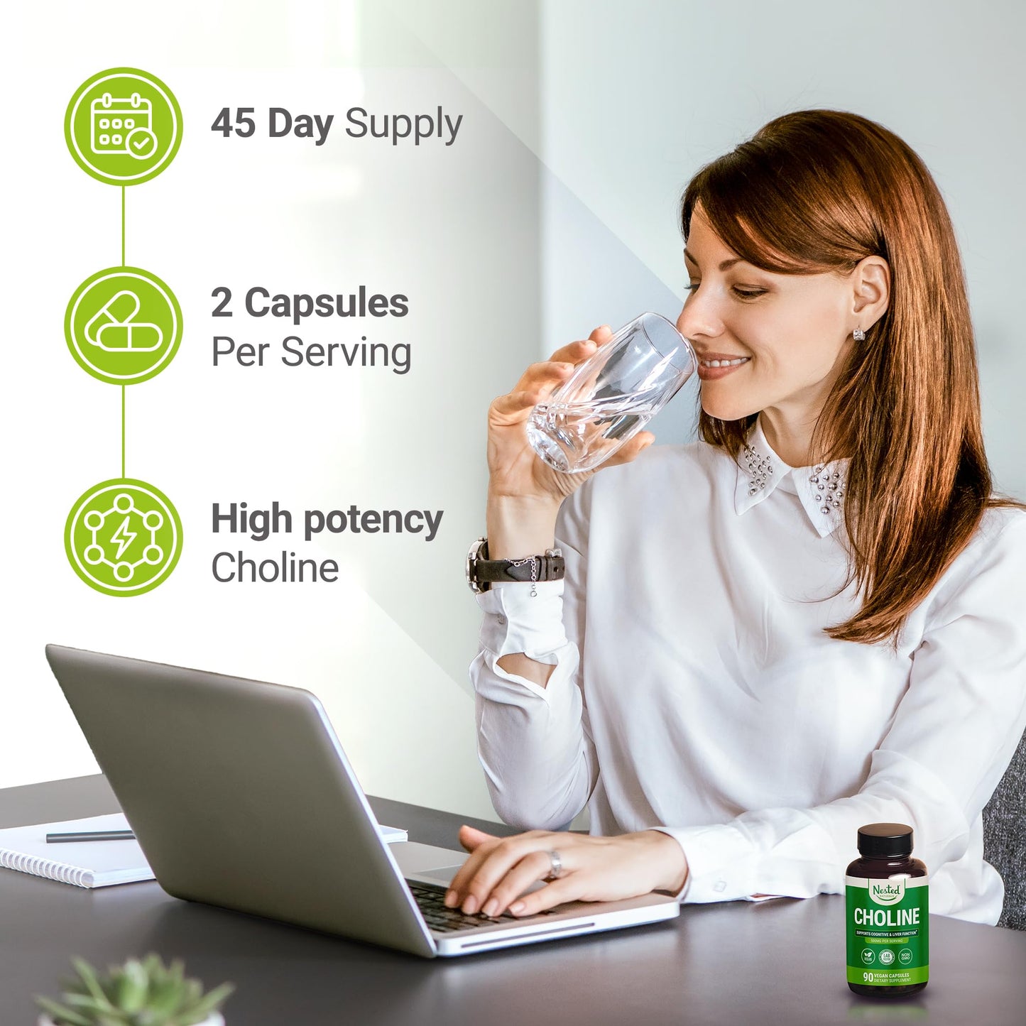 Nested Naturals Choline Bitartrate 500mg Per Serving - High Potency Choline Supplements - Prenatal Maternal & Fetal Health - 100% Vegan & Non-GMO - 180 Capsules