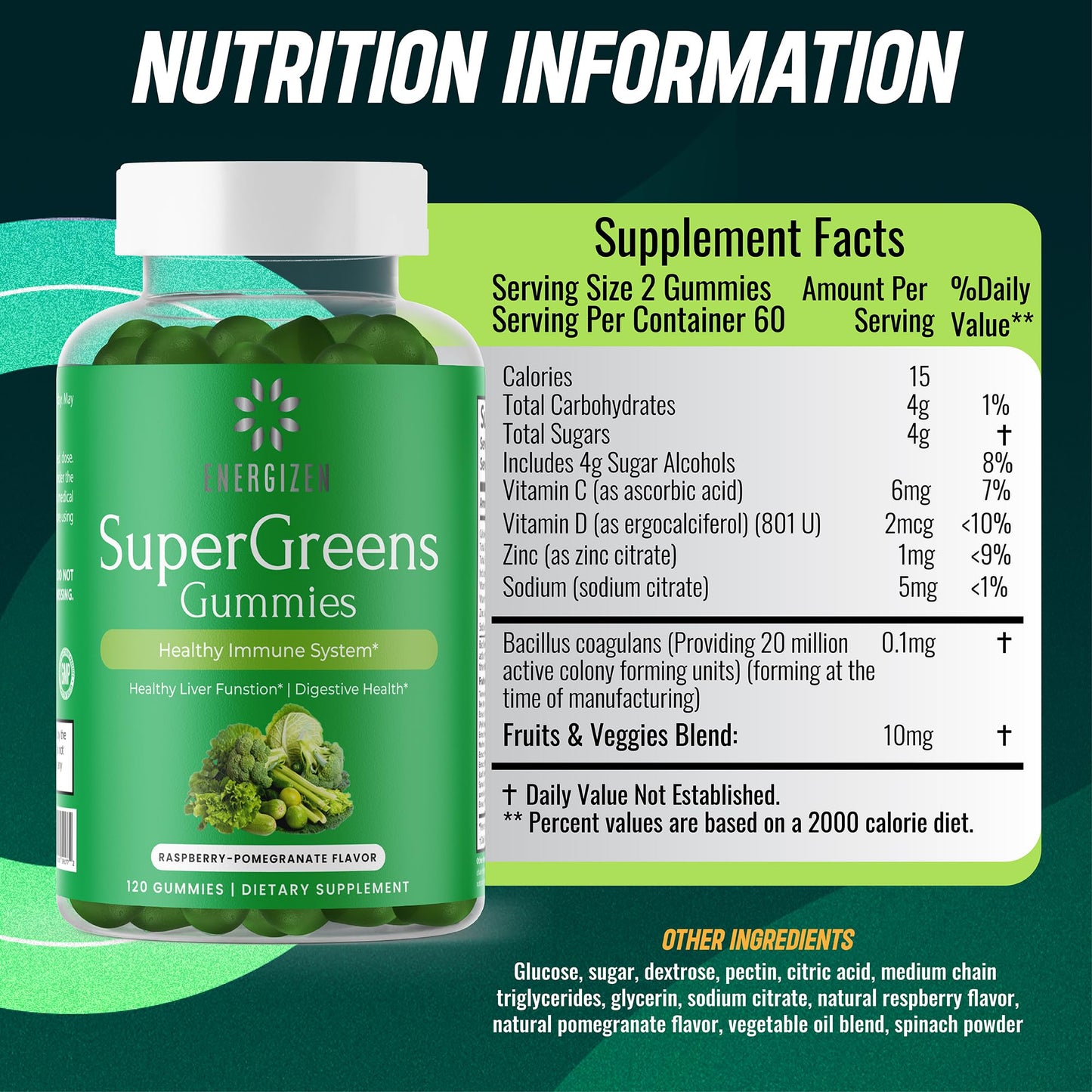 Energizen Green Superfood Gummies Plus Gummy 120 Count