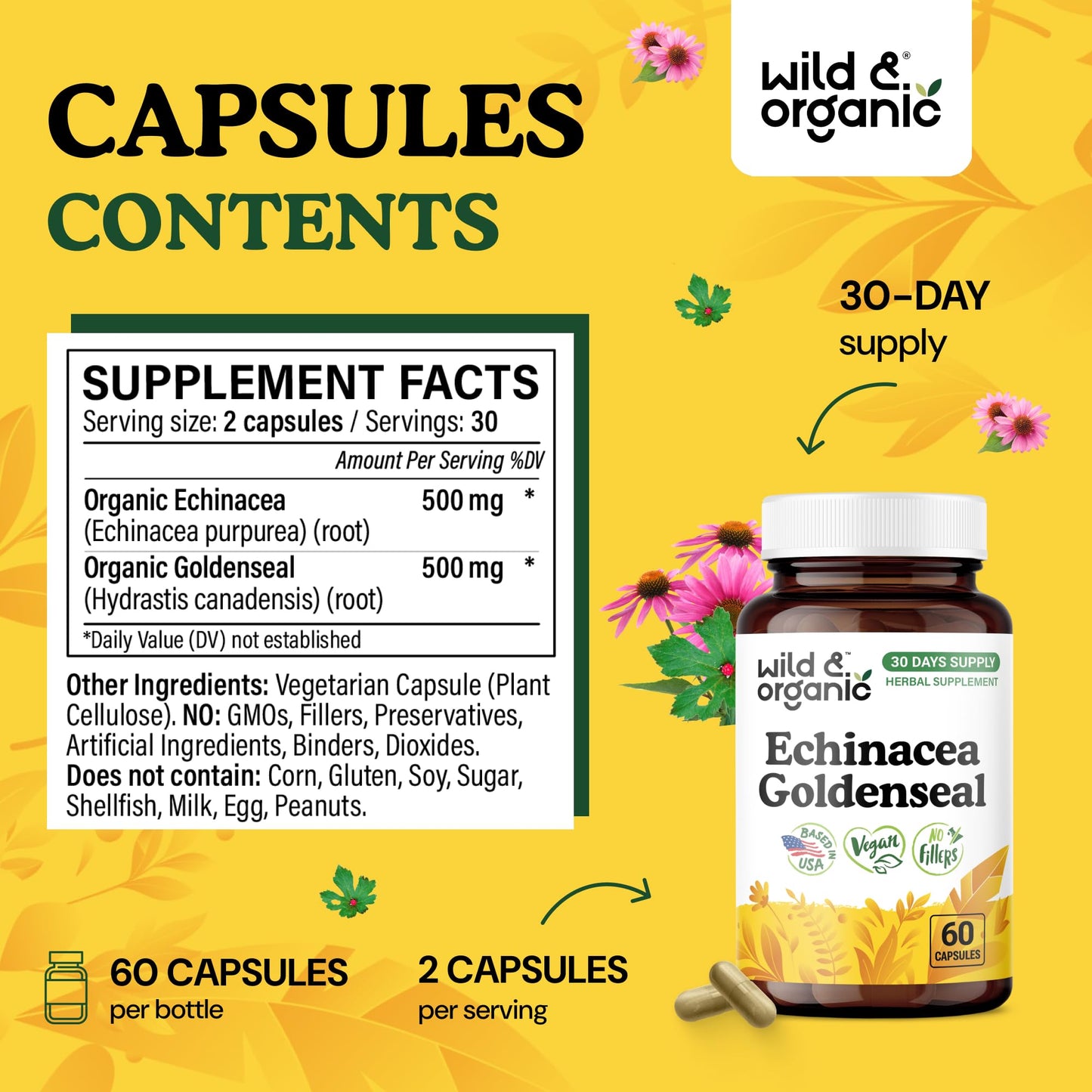 Wild & Organic Echinacea Goldenseal Capsules, 60 Count