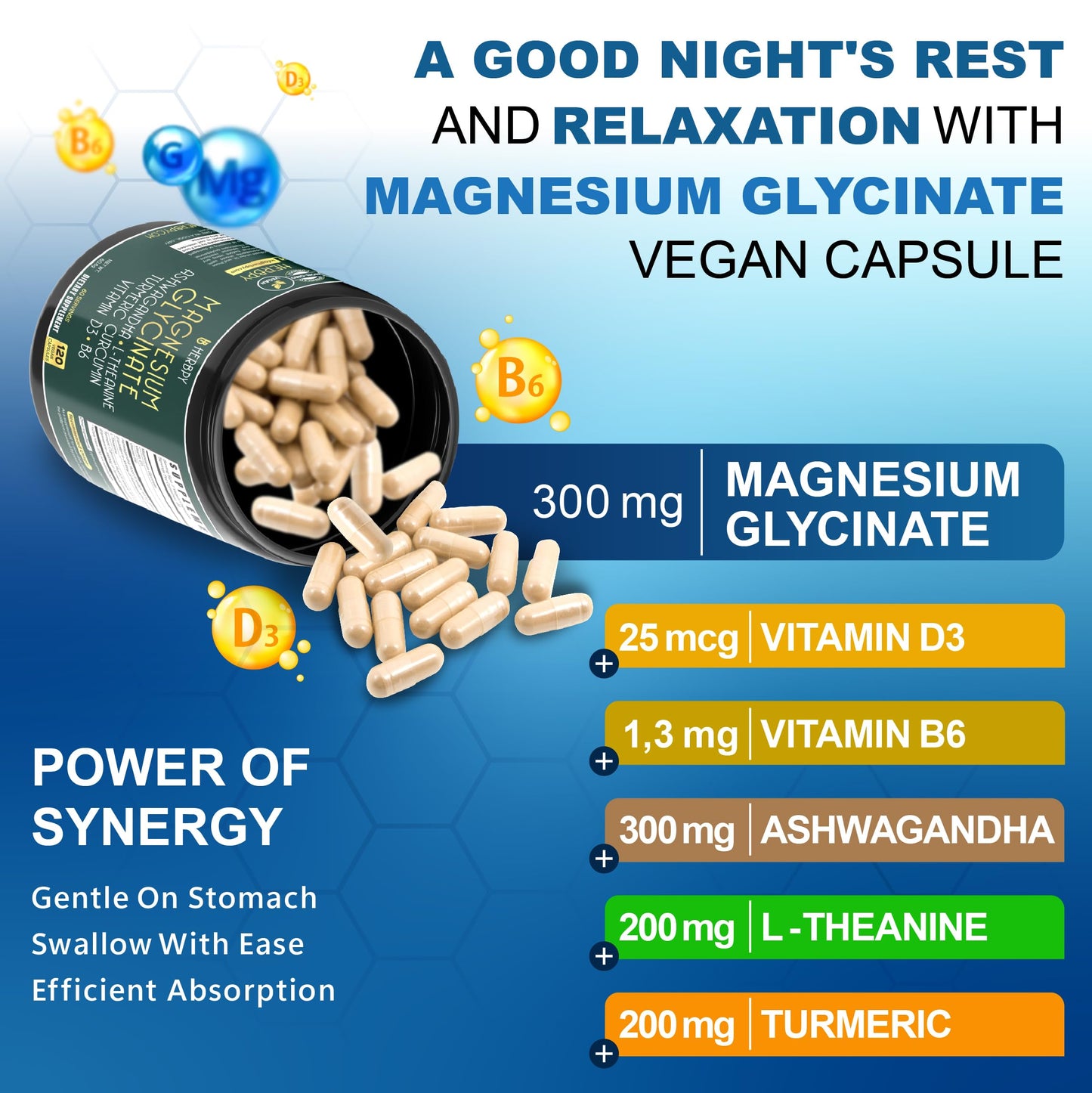 Herbpy 6in1 Restful Day and Night Supplement with Magnesium Glycinate, Vitamin D3, B6, L-Theanine, Ashwagandha and Turmeric Root - Brain, Heart and Digestive Health Support, 120 Vegan Capsules
