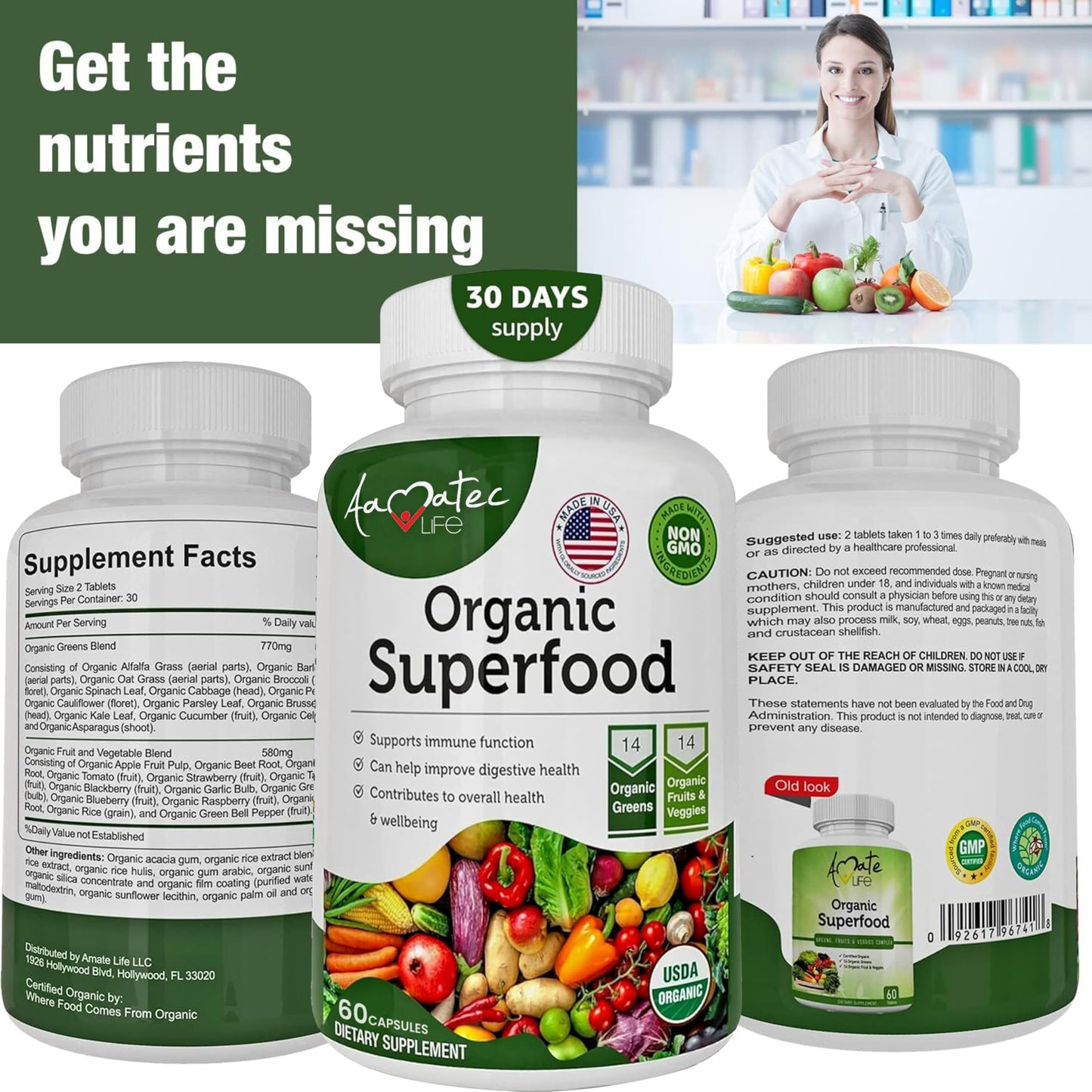 AAMATEC LIFE Organic Superfood Greens Fruits & Veggies Complex Capsules with Alfalfa, 180 Count
